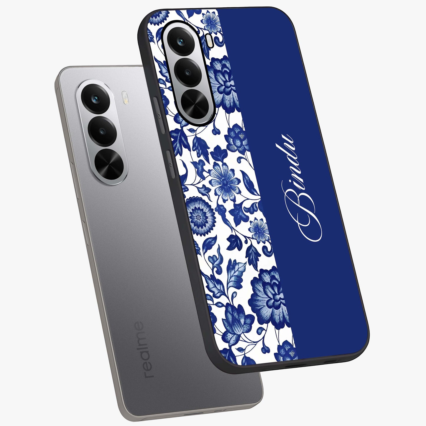 Blue Vintage Floral Pattern Glass Case displayed in angled mockup highlighting subtle bloom pattern with aesthetic pastel design.