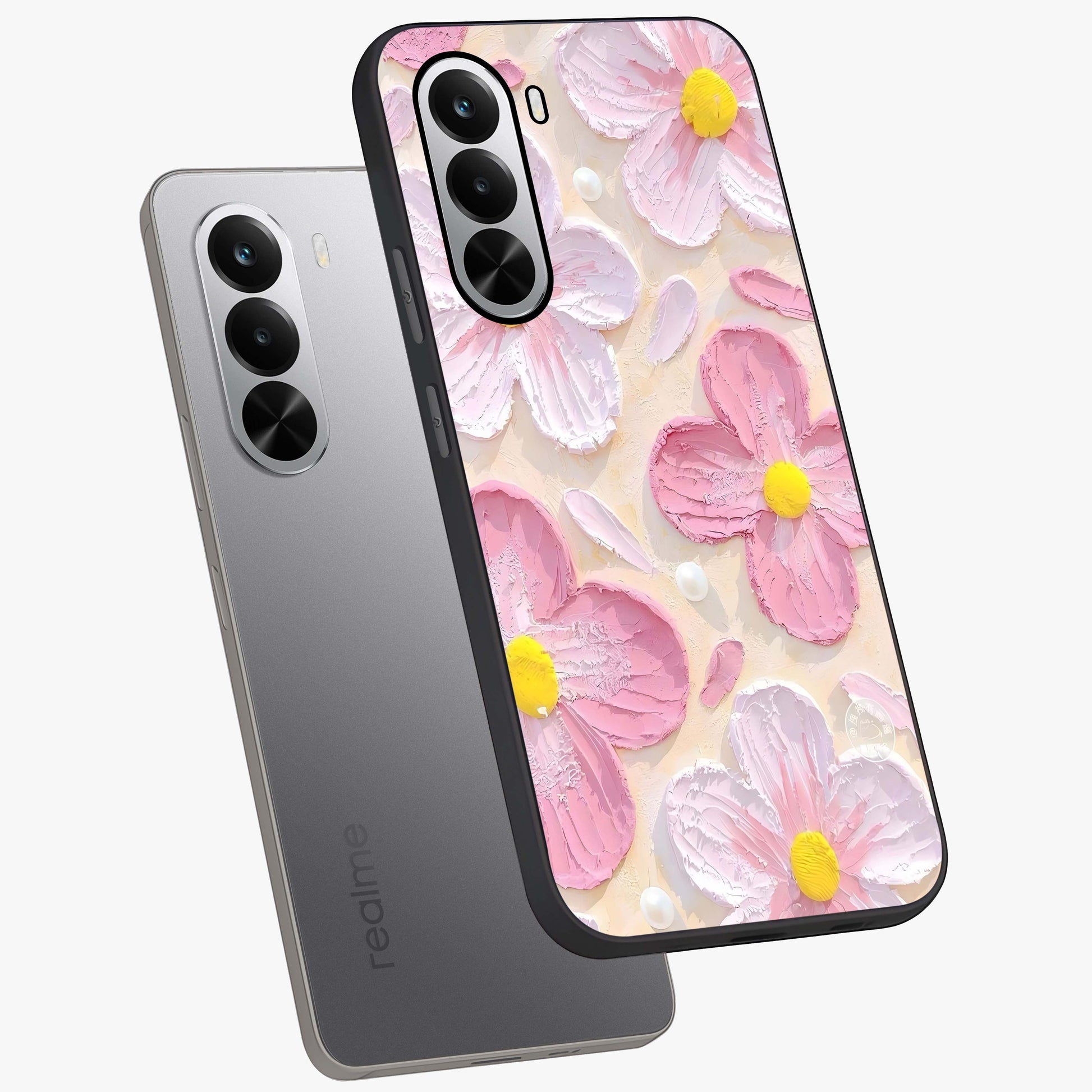 Blush Bloom Texture Glass Case displayed in angled mockup highlighting subtle bloom pattern with aesthetic pastel design.