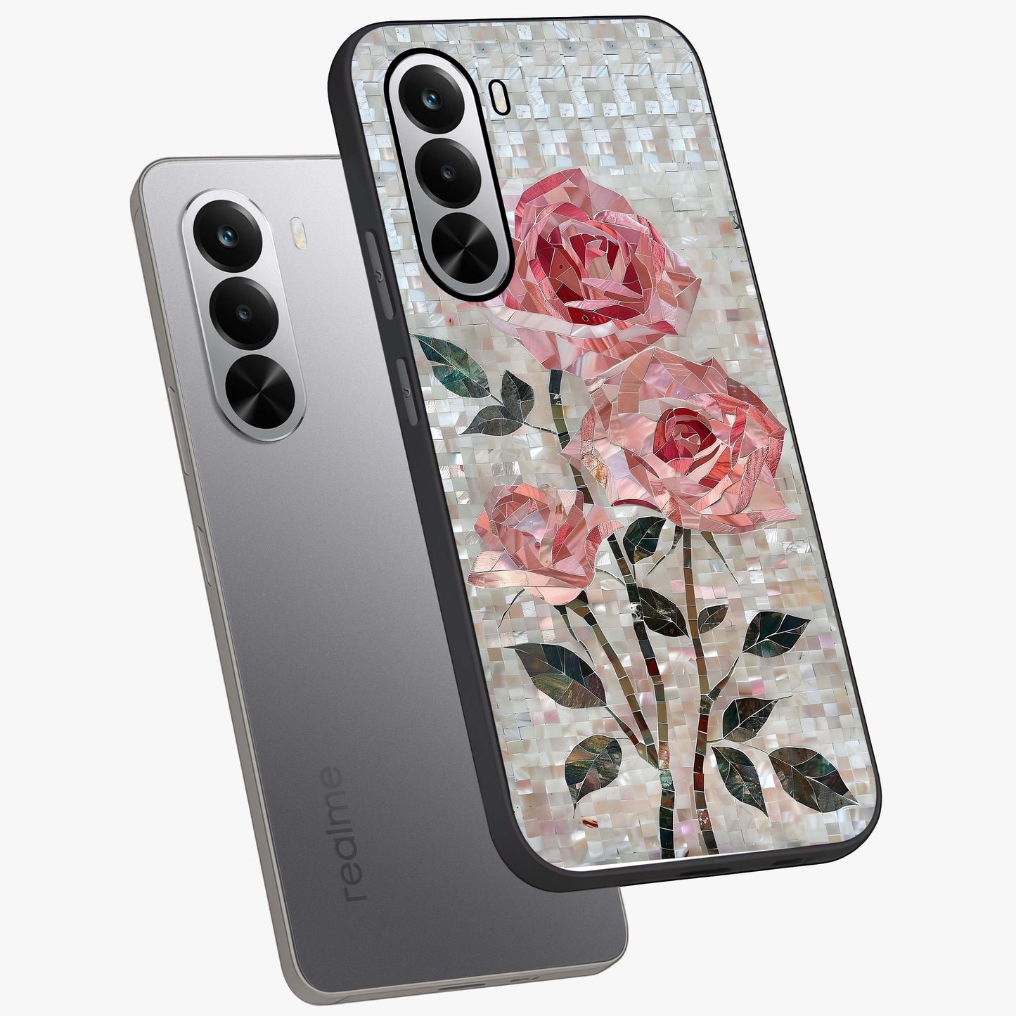 Blush Mosaic Bloom Glass Case displayed in angled mockup highlighting artistic mosaic flower pattern with aesthetic design.