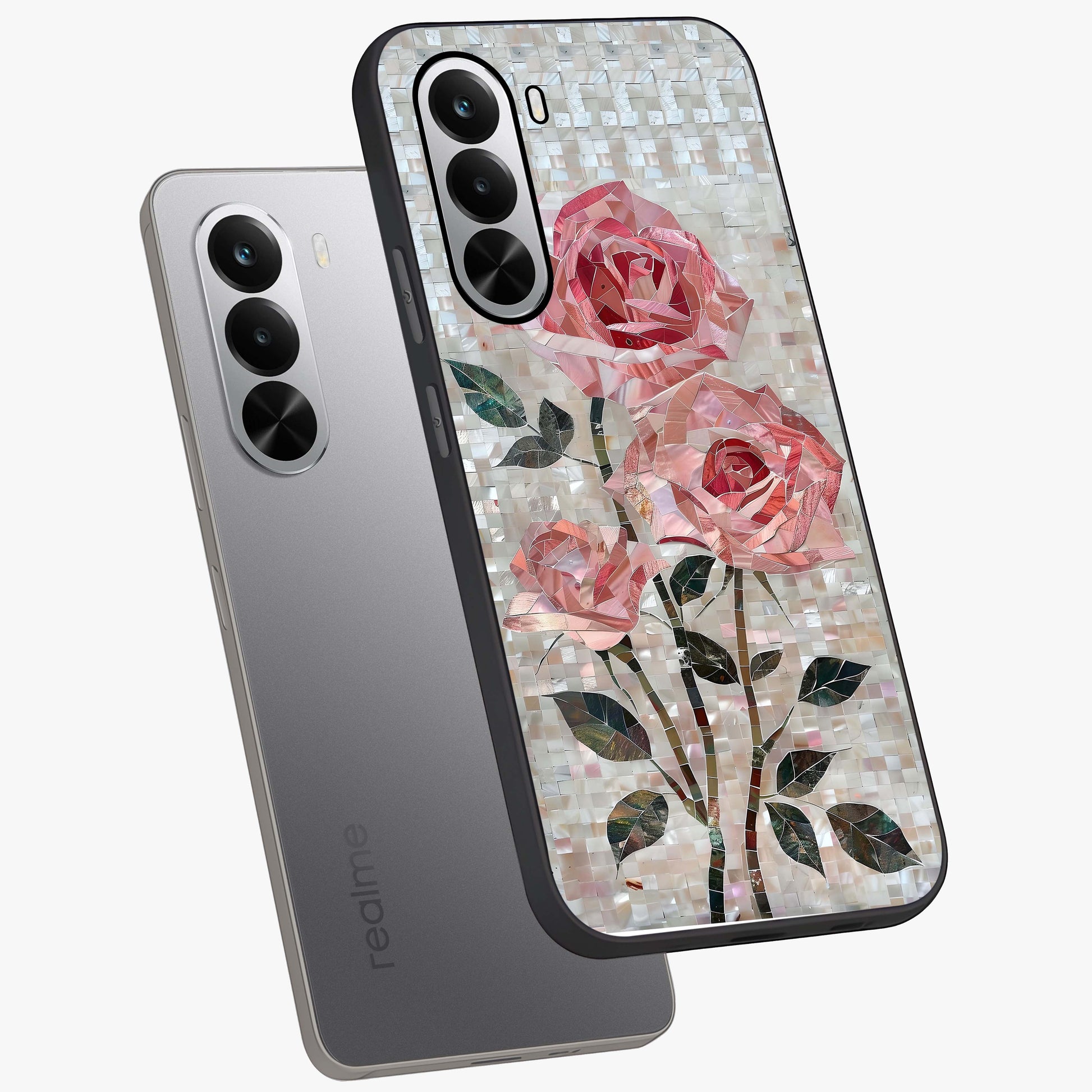 Blush Mosaic Bloom Glass Case displayed in angled mockup highlighting artistic mosaic flower pattern with aesthetic design.