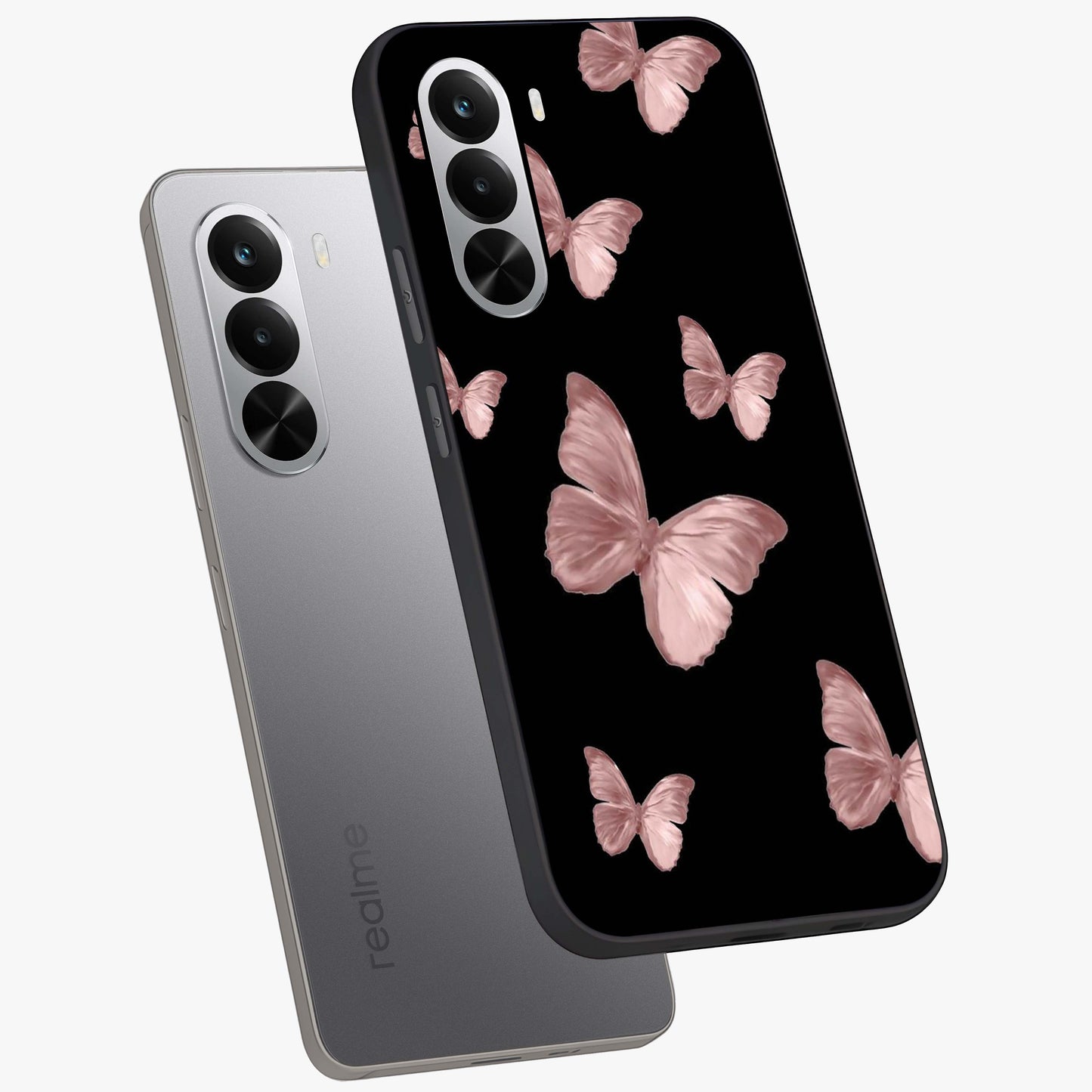Butterfly Pattern Glass Case displayed in angled mockup highlighting delicate butterfly design and aesthetic pattern style.