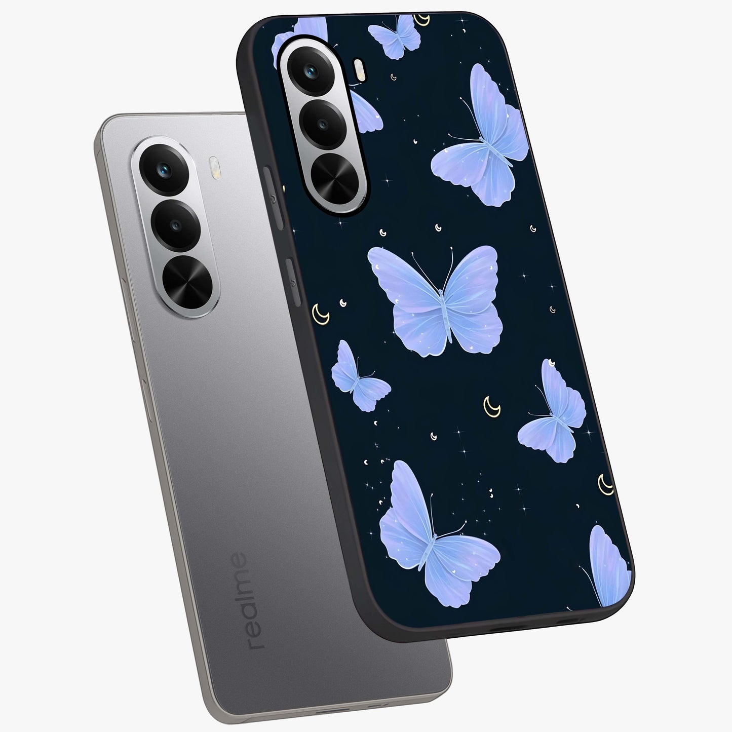 Butterfly With Stars Pattern Glass Case displayed in angled mockup highlighting dreamy butterfly and star design with aesthetic theme.