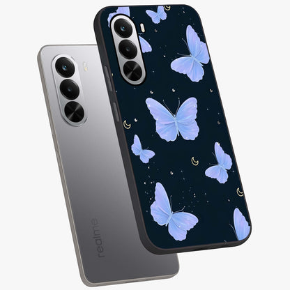 Butterfly With Stars Pattern Glass Case displayed in angled mockup highlighting dreamy butterfly and star design with aesthetic theme.