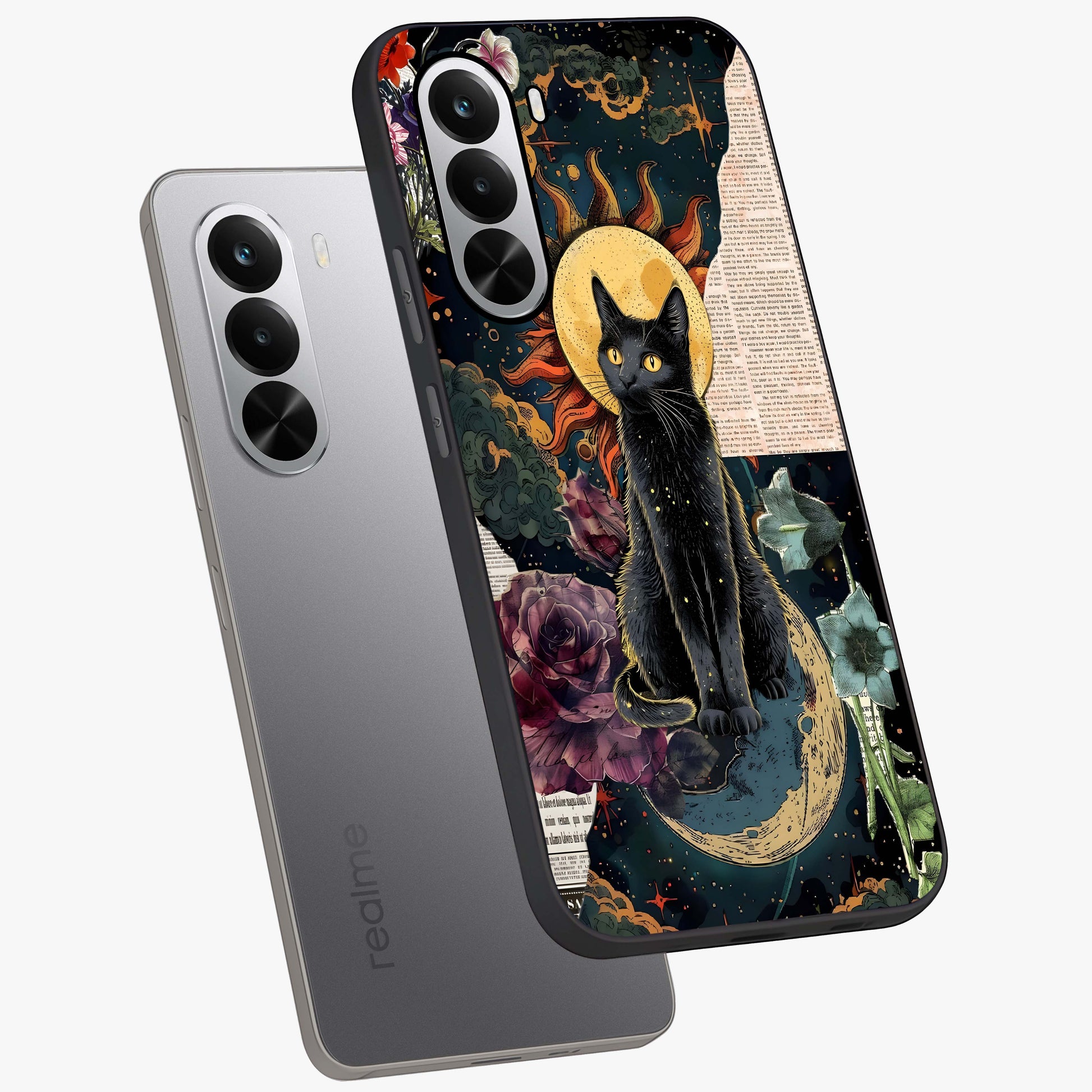 Celestial Black Cat Glass Case displayed in angled mockup highlighting cosmic black cat design with celestial aesthetic.