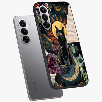 Celestial Black Cat Glass Case displayed in angled mockup highlighting cosmic black cat design with celestial aesthetic.