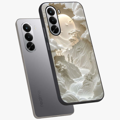 Celestial Origami Glass Case displayed in angled mockup highlighting geometric origami design with cosmic aesthetic theme.
