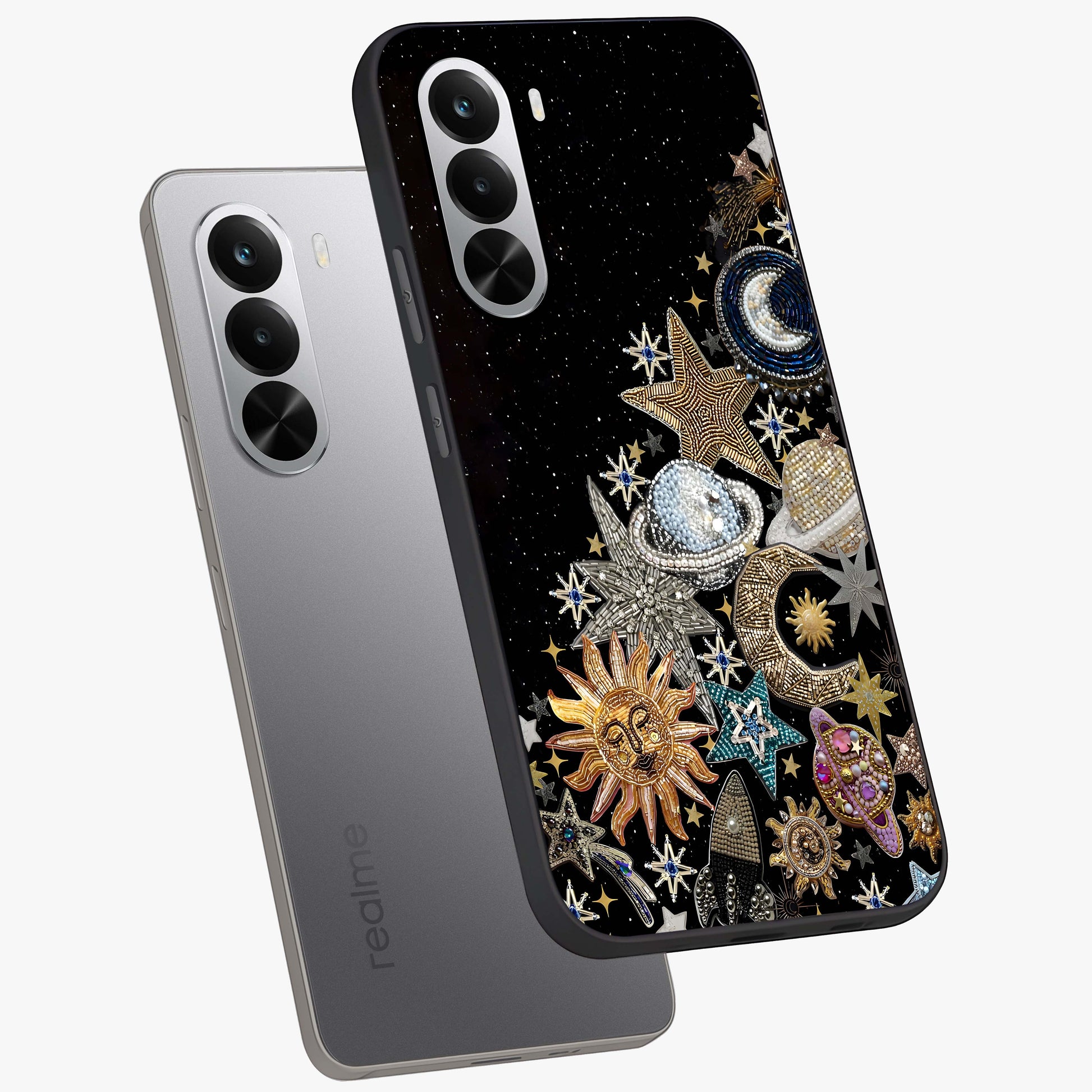 Cosmic Sparkle Dreams Glass Case displayed in angled mockup highlighting dreamy star sparkle design with celestial aesthetic.
