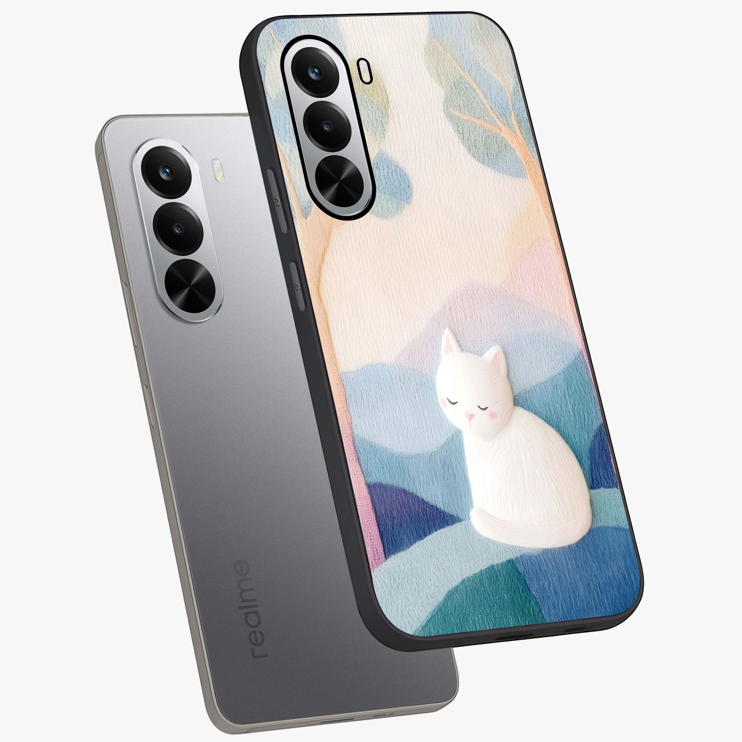 Cotton Dream Cat Glass Case displayed in angled mockup highlighting cute feline illustration with pastel aesthetic style.