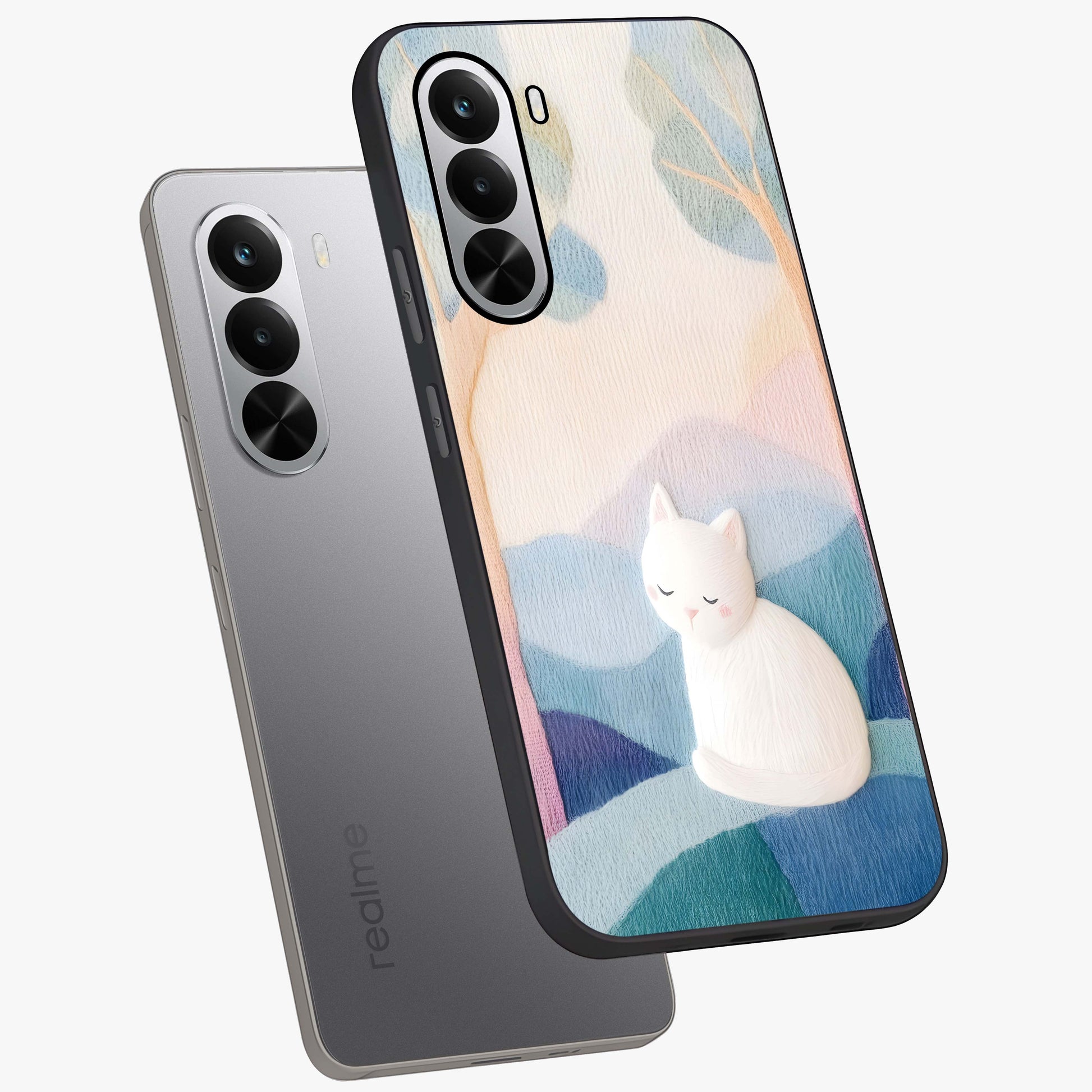 Cotton Dream Cat Glass Case displayed in angled mockup highlighting cute feline illustration with pastel aesthetic style.