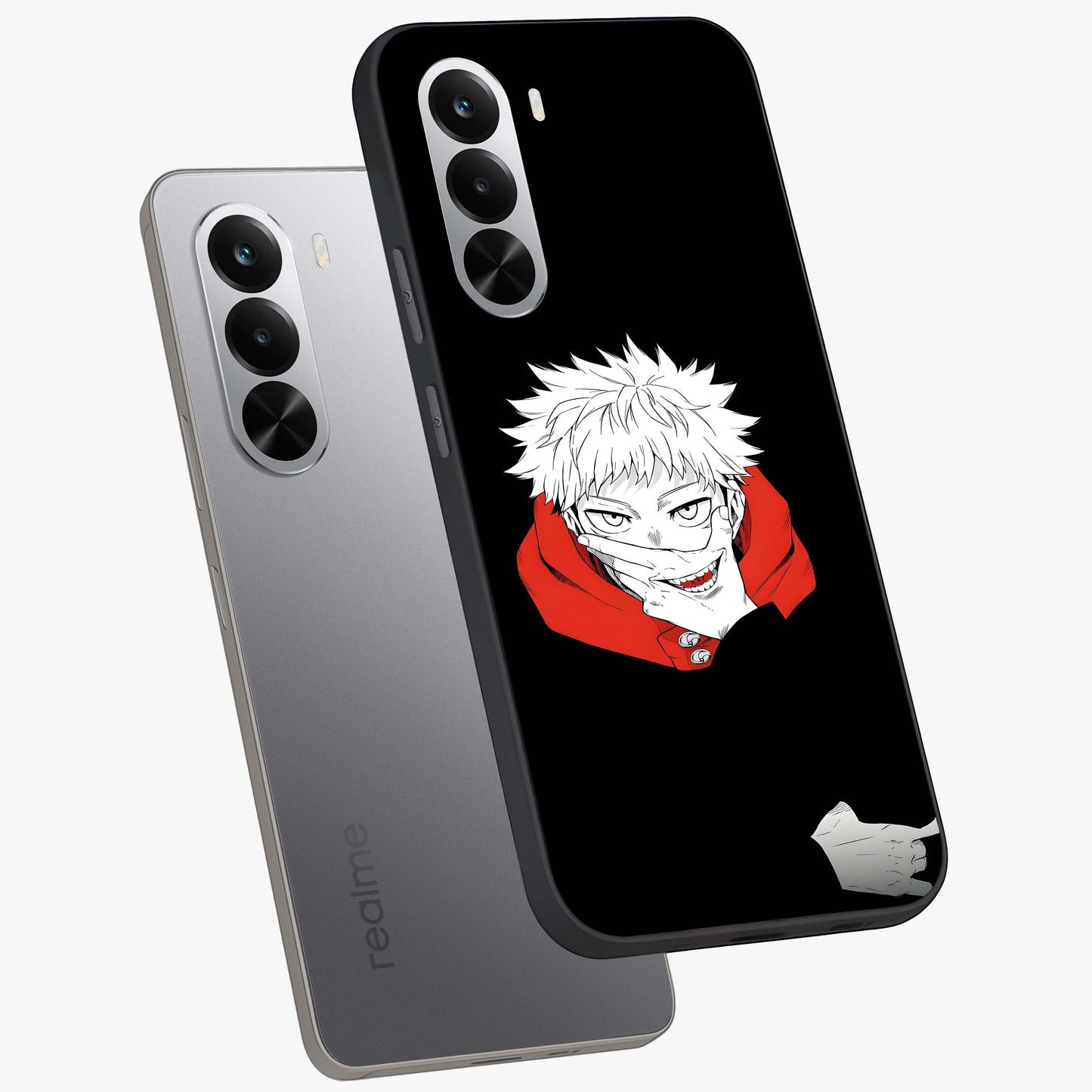 Crimson Chaos Smile Glass Case displayed in angled mockup highlighting edgy crimson smile design with graphic aesthetic.