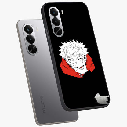 Crimson Chaos Smile Glass Case displayed in angled mockup highlighting edgy crimson smile design with graphic aesthetic.