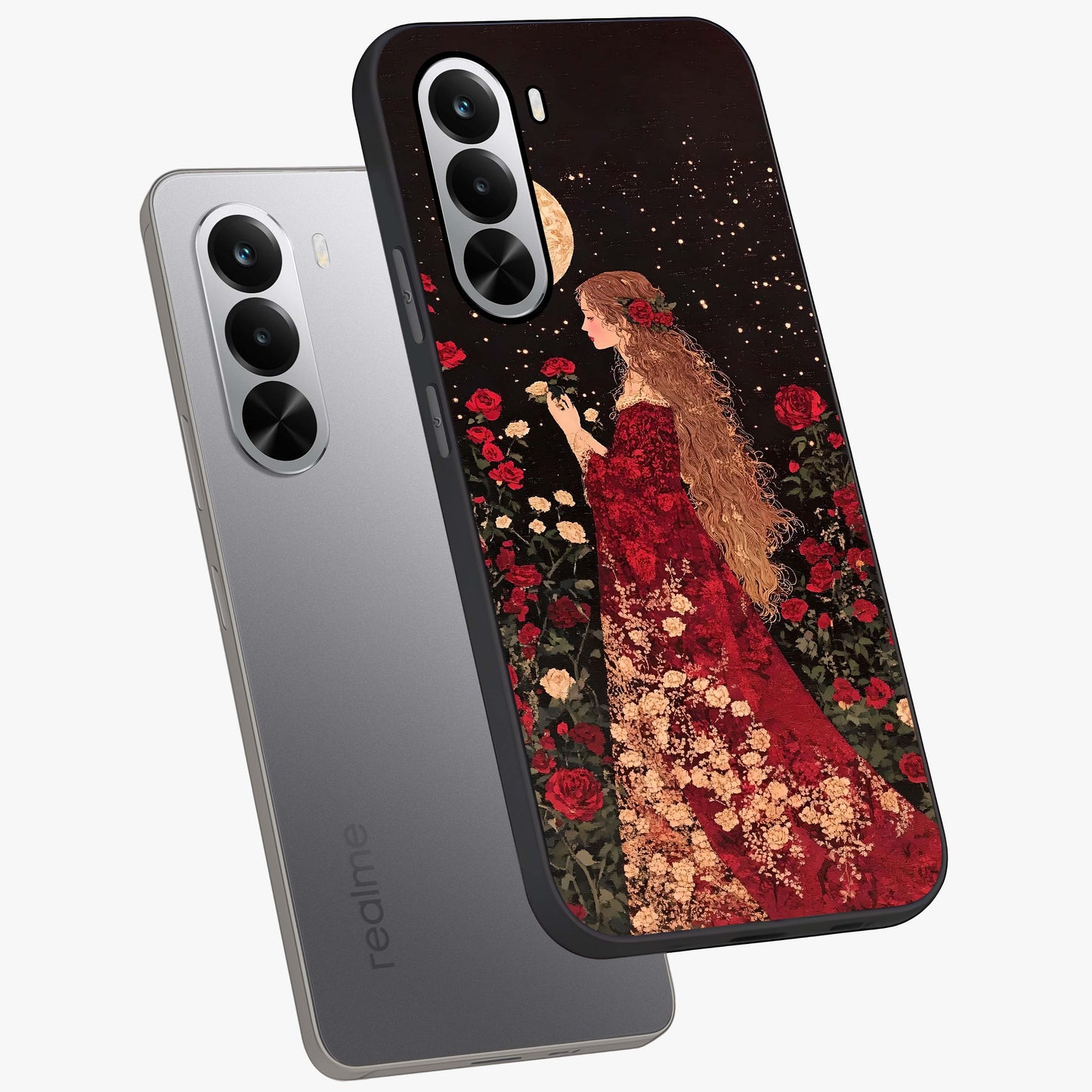 Crimson Dreams Glass Case displayed in angled mockup highlighting soft crimson aesthetic design with artistic theme.