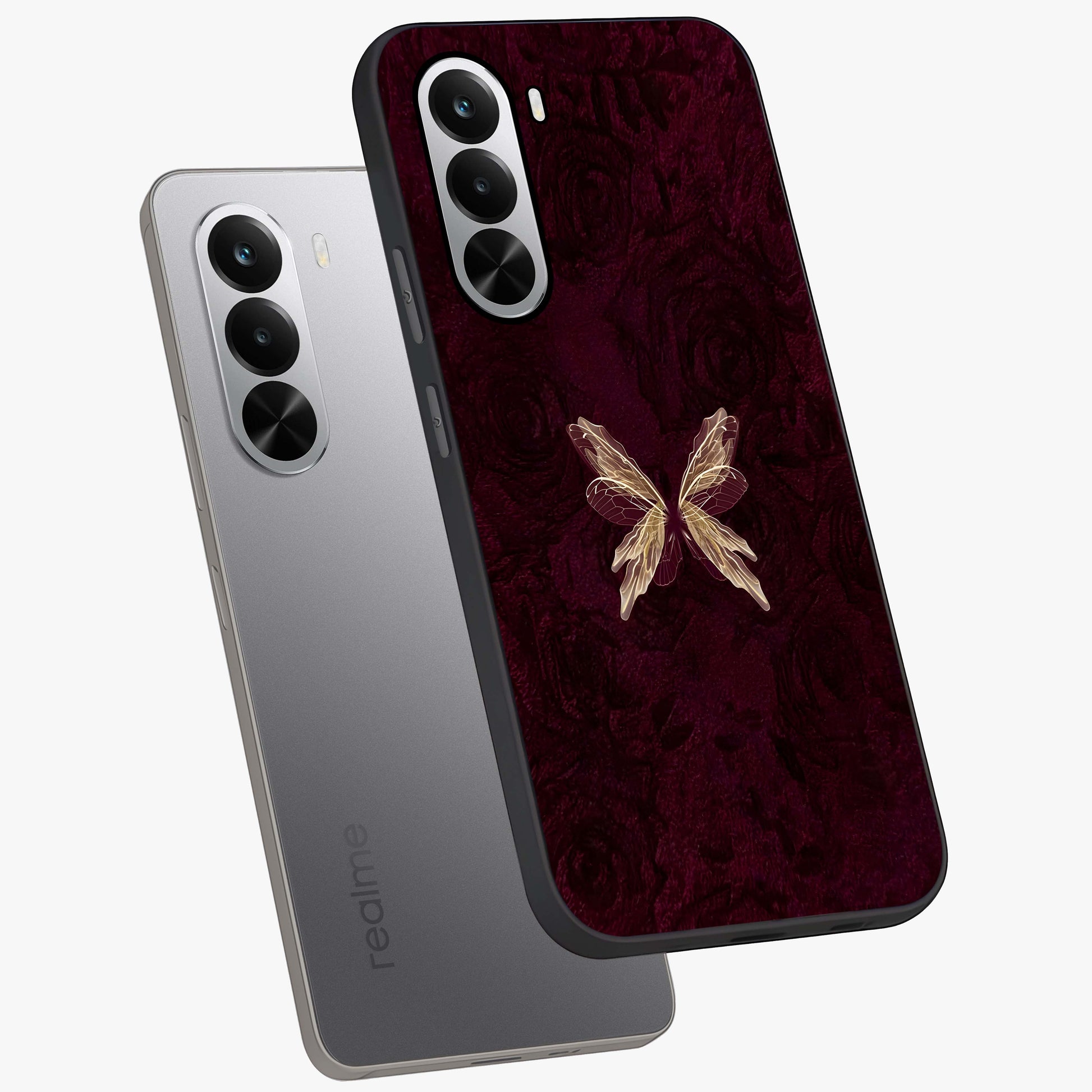 Crimson Fade Butterfly Glass Case displayed in angled mockup highlighting elegant butterfly design with crimson gradient aesthetic.