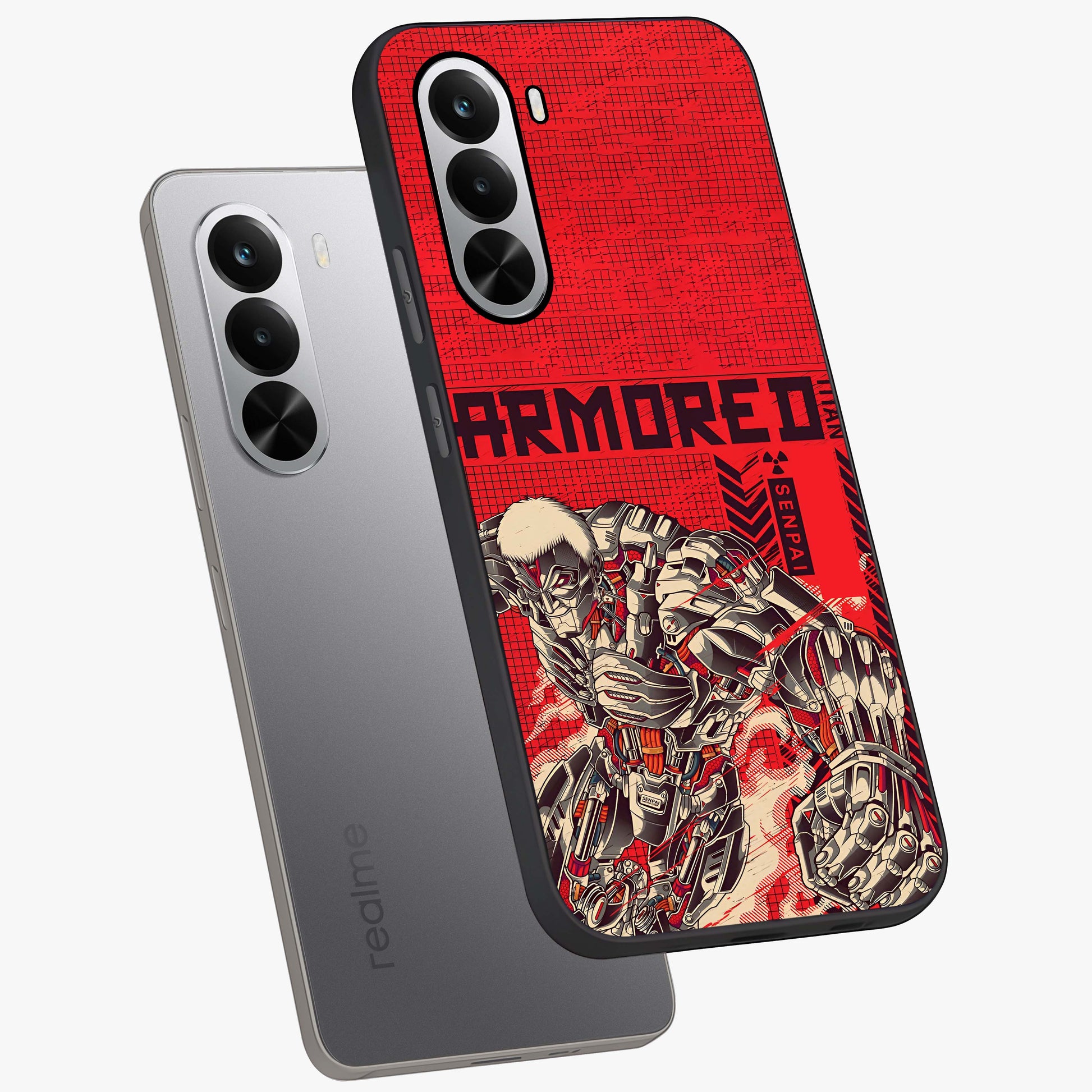 Crimson Mecha Titan Glass Case displayed in angled mockup highlighting futuristic mech illustration with bold crimson aesthetic.