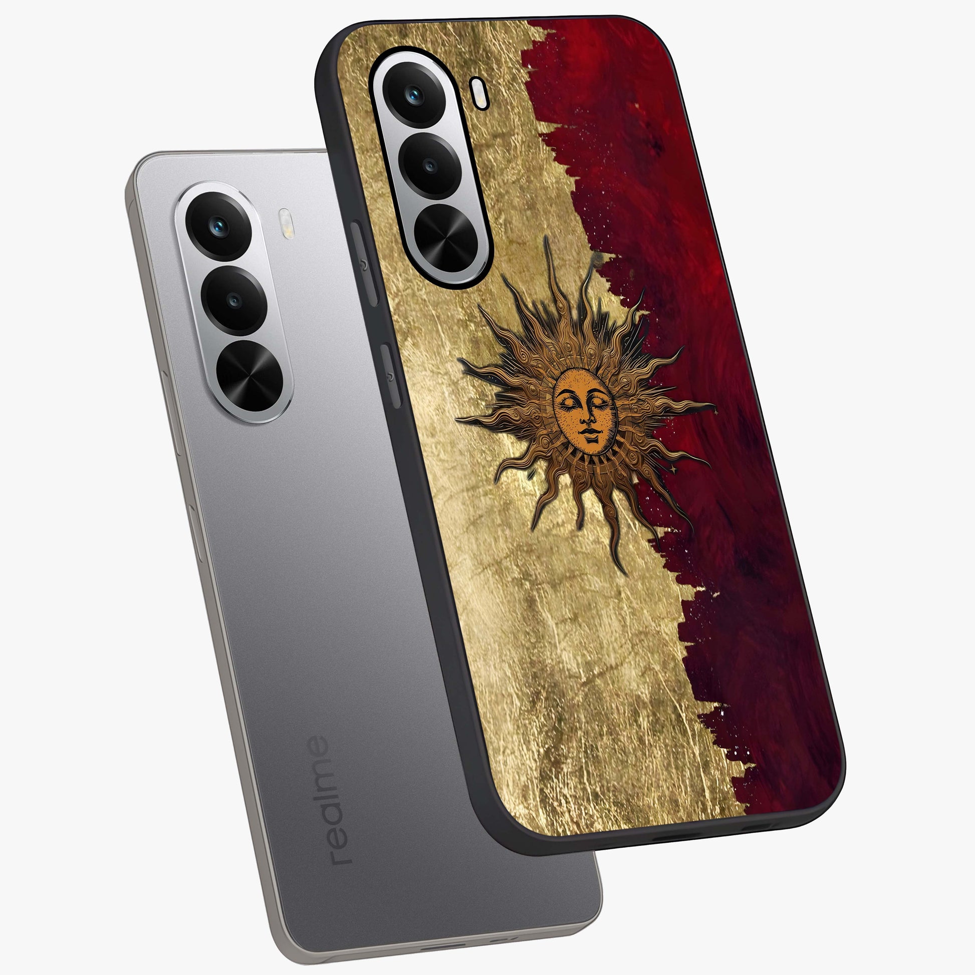 Crimson Sun Majesty Glass Case displayed in angled mockup highlighting majestic crimson sun design with bold aesthetic style.