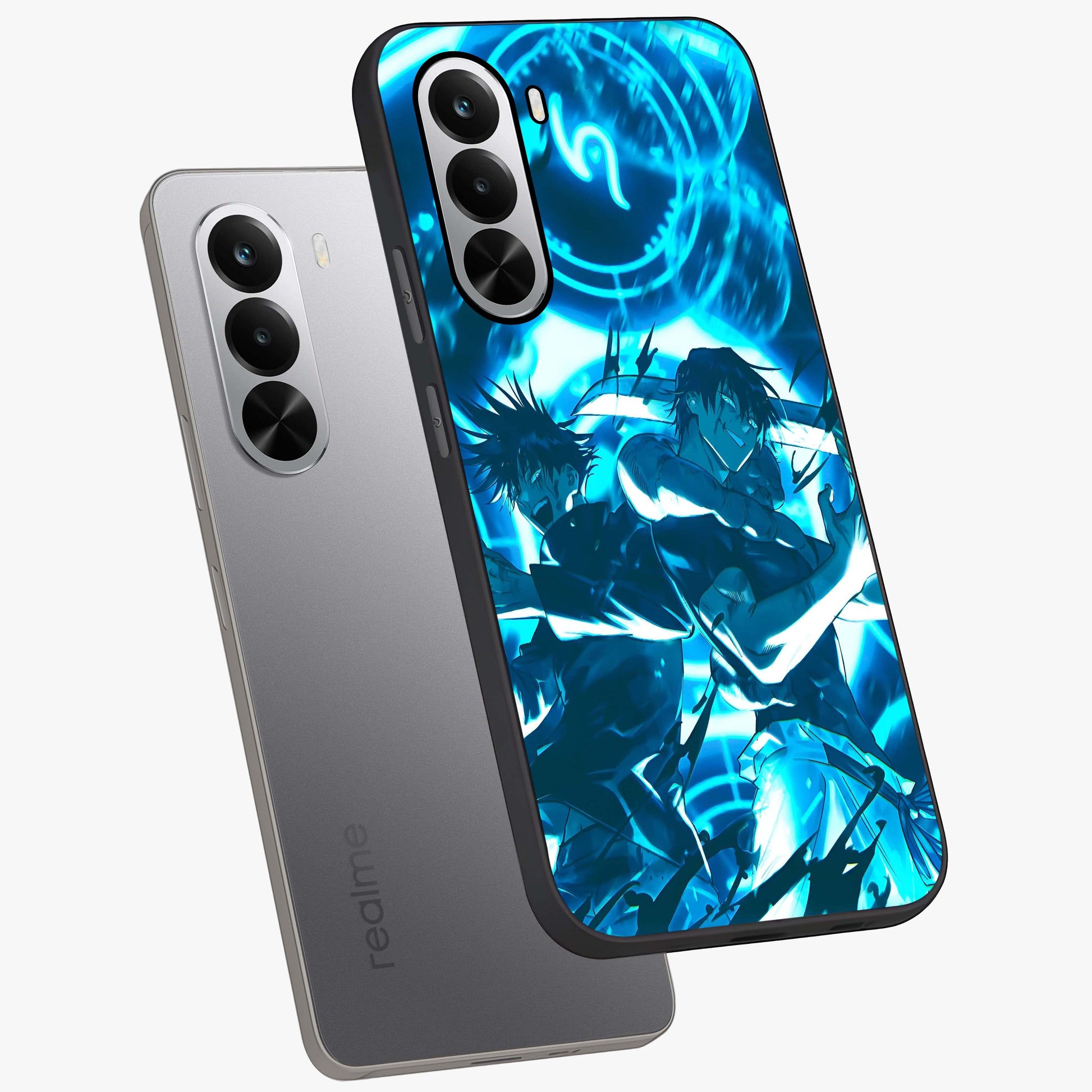Cursed Energy Clash Glass Case displayed in angled mockup highlighting powerful battle inspired graphic with anime style aesthetic.