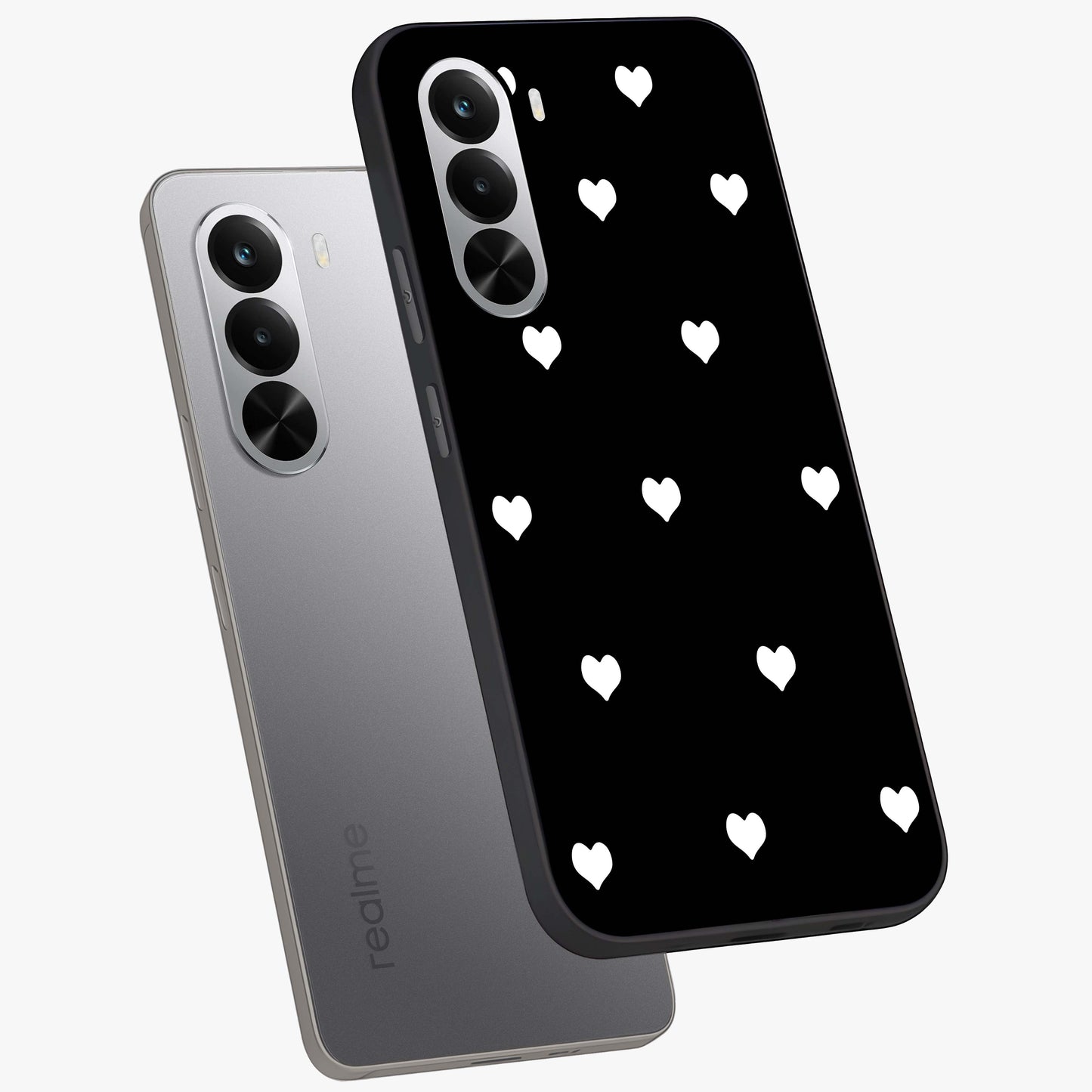 Cute And Simple White Hearts Glass Case displayed in angled mockup highlighting cute heart design with clean aesthetic style.