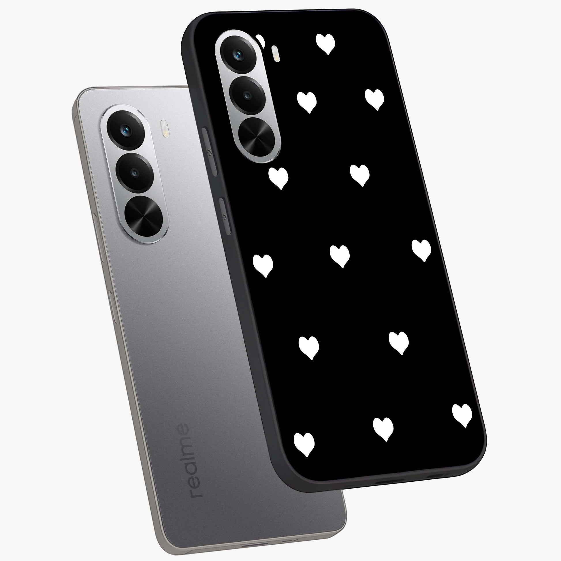 Cute And Simple White Hearts Glass Case displayed in angled mockup highlighting cute heart design with clean aesthetic style.