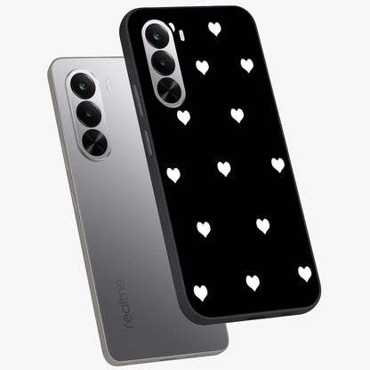 Cute And Simple White Hearts Glass Case displayed in angled mockup highlighting cute heart design with clean aesthetic style.
