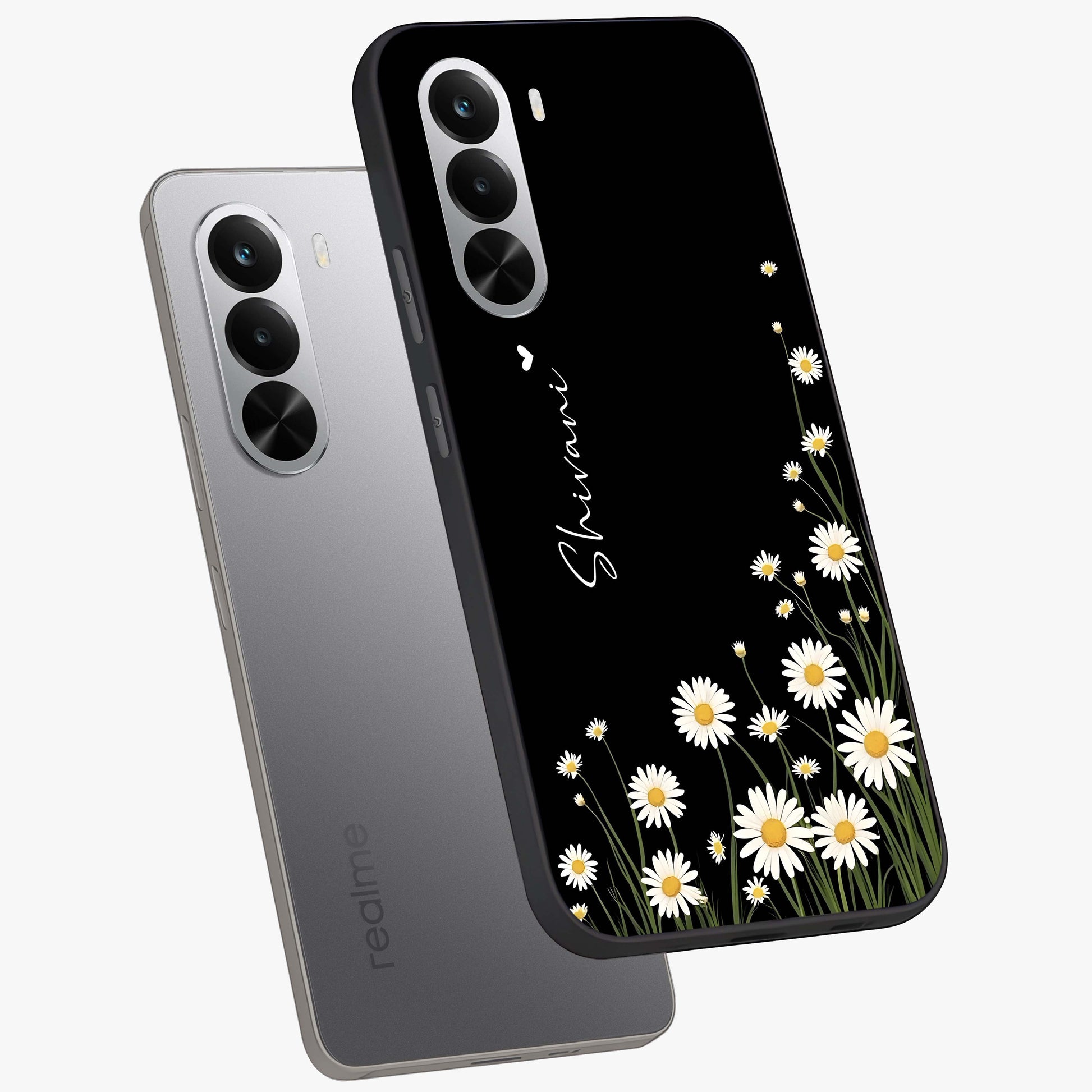 Daisy Cascade Custom Name Glass Case displayed in angled mockup highlighting delicate daisy artwork with custom name feature.