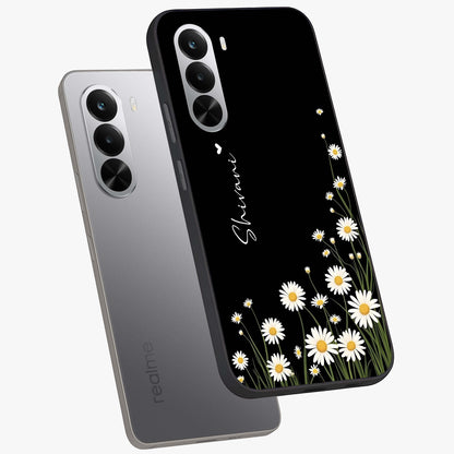 Daisy Cascade Custom Name Glass Case displayed in angled mockup highlighting delicate daisy artwork with custom name feature.