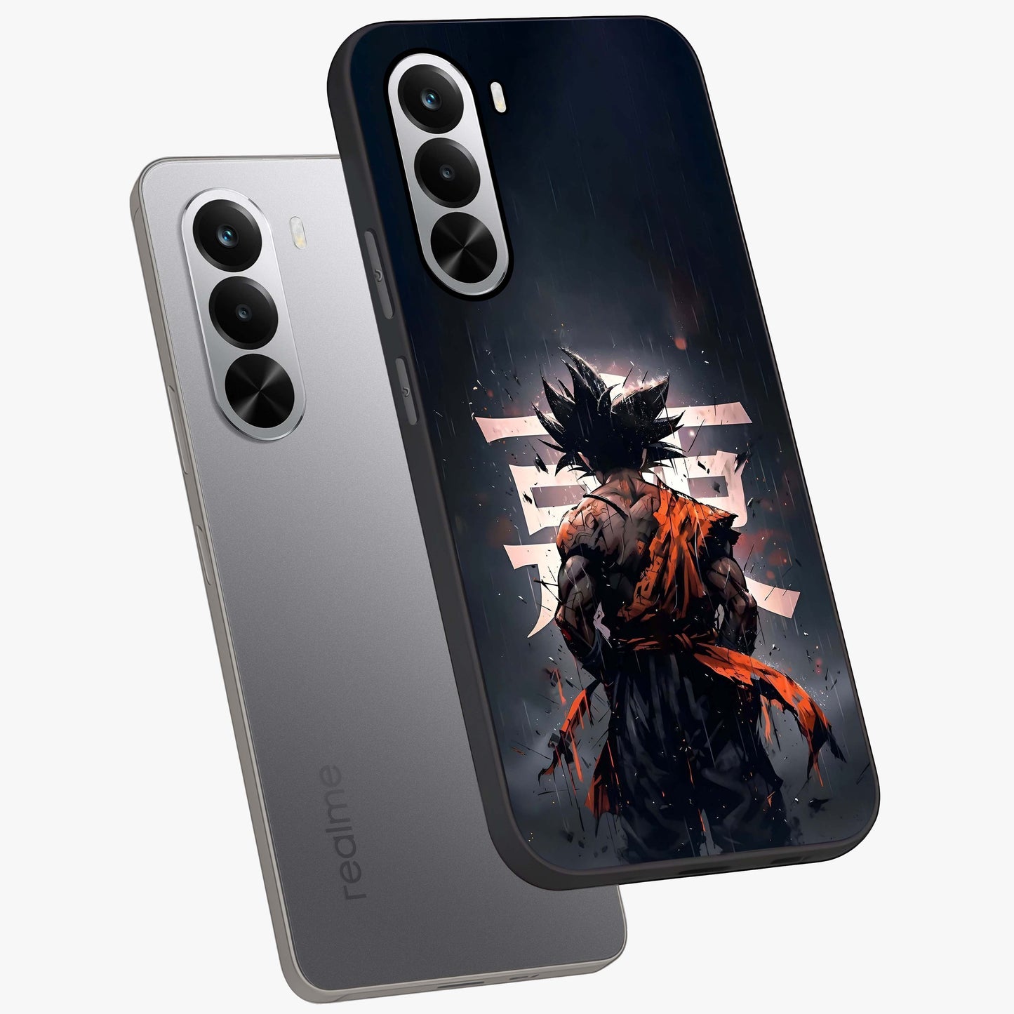 Dark Warrior In Rain Glass Case displayed in angled mockup highlighting dramatic warrior illustration with dark rain aesthetic.
