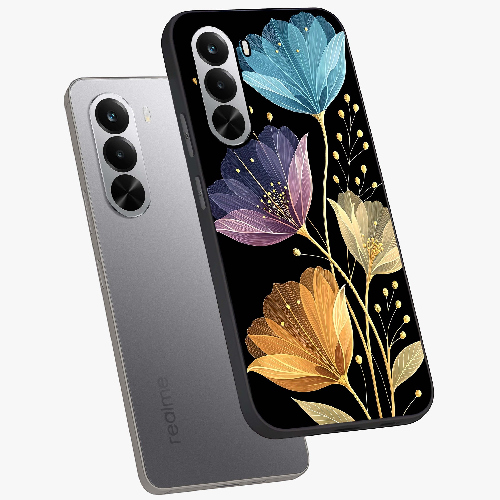 Delicate Multicolor Flowers Glass Case displayed in angled mockup highlighting colorful flower pattern with soft aesthetic style.