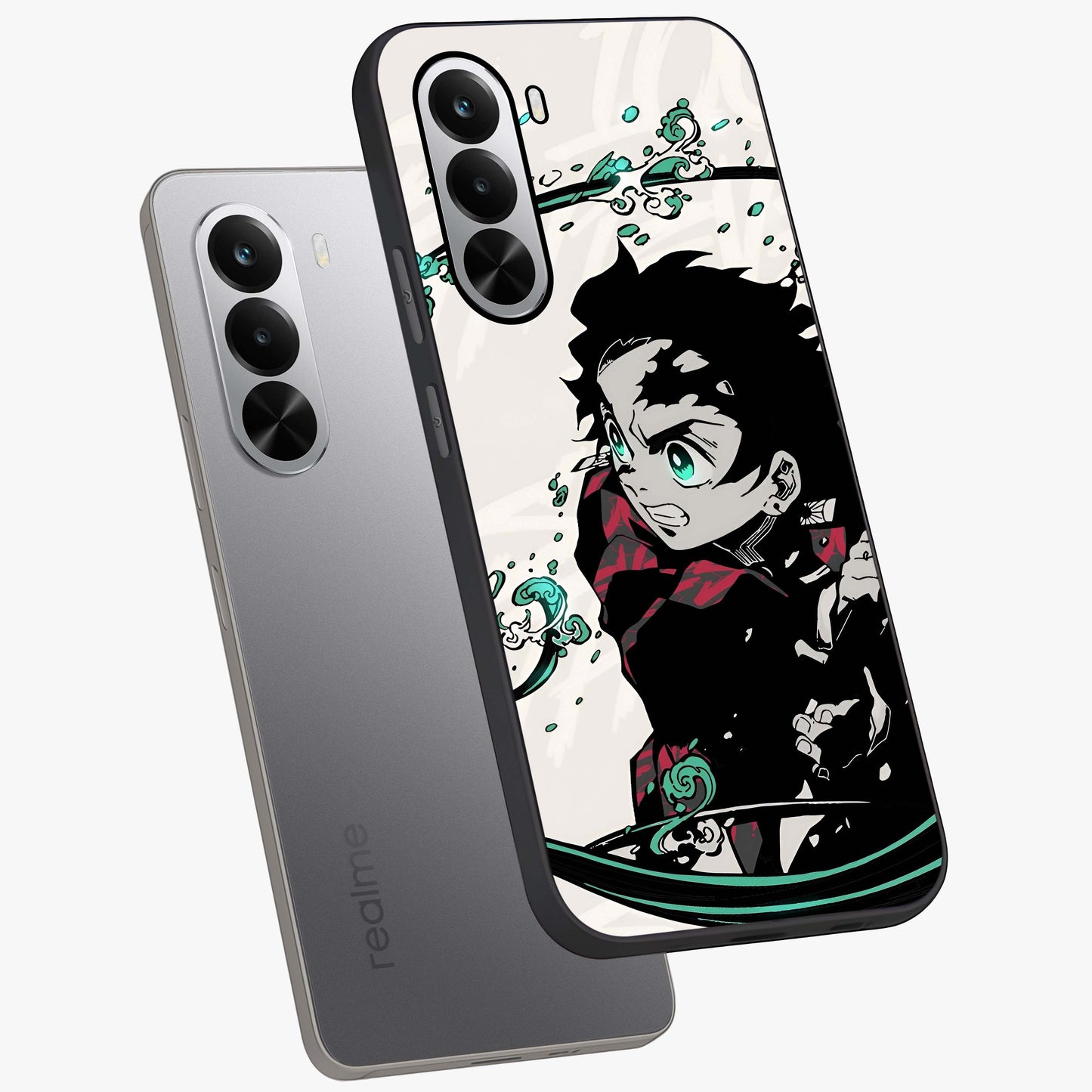 Demon Slayer Glass Case displayed in angled mockup highlighting dramatic anime character design with action aesthetic.