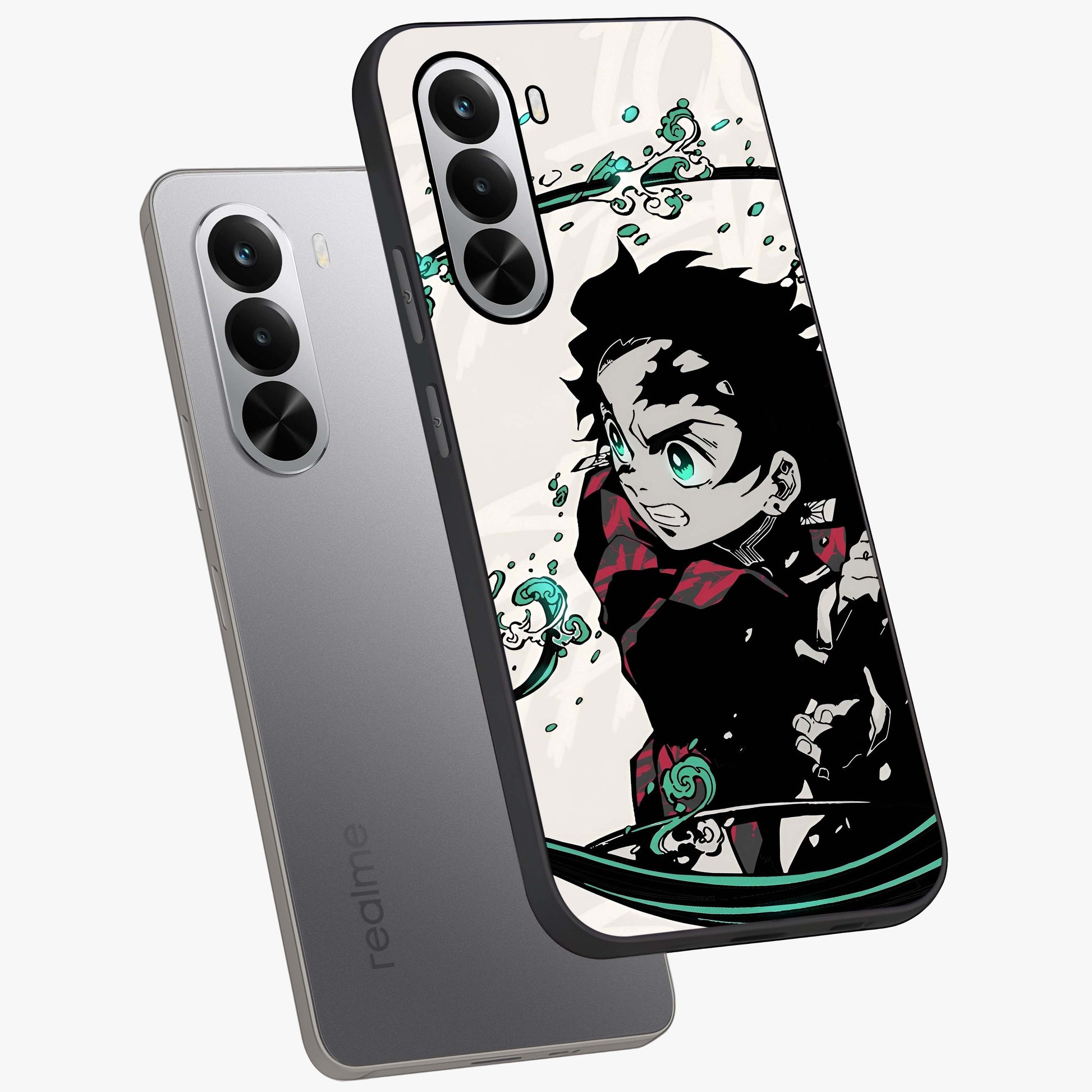Demon Slayer Glass Case displayed in angled mockup highlighting dramatic anime character design with action aesthetic.