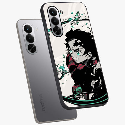 Demon Slayer Glass Case displayed in angled mockup highlighting dramatic anime character design with action aesthetic.
