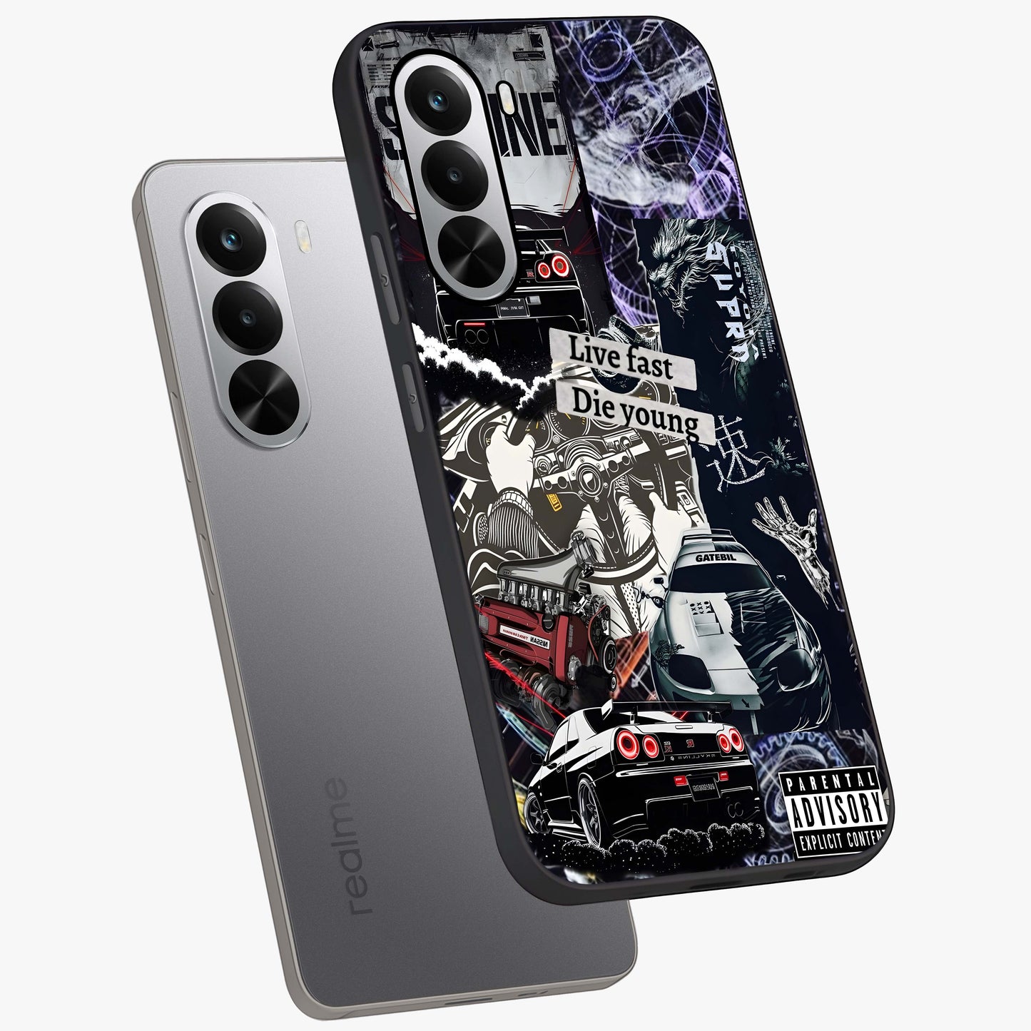 Die Young Glass Case displayed in angled mockup highlighting expressive graphic artwork with edgy aesthetic style.