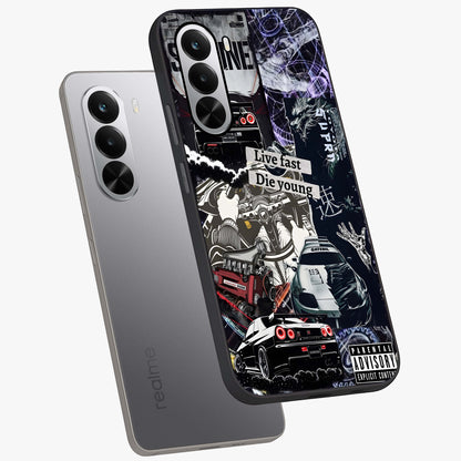 Die Young Glass Case displayed in angled mockup highlighting expressive graphic artwork with edgy aesthetic style.