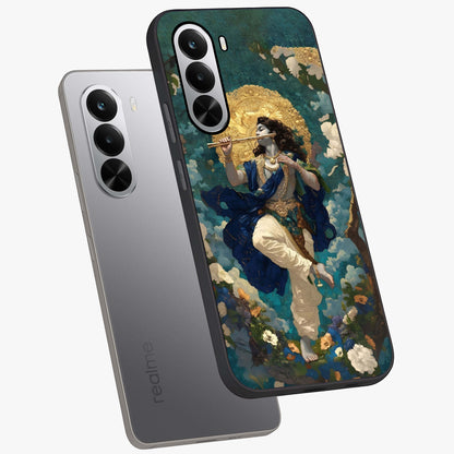 Divine Krishna Art Glass Case displayed in angled mockup highlighting spiritual Krishna illustration with devotional aesthetic.