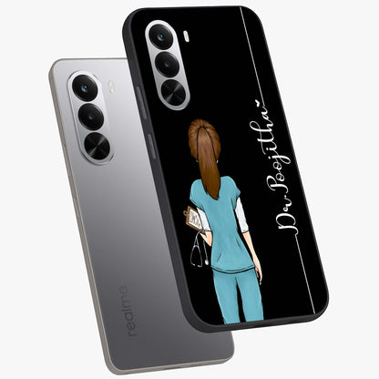 Doctor Pattern Custom Name Glass Case displayed in angled mockup highlighting doctor inspired artwork with custom name feature.