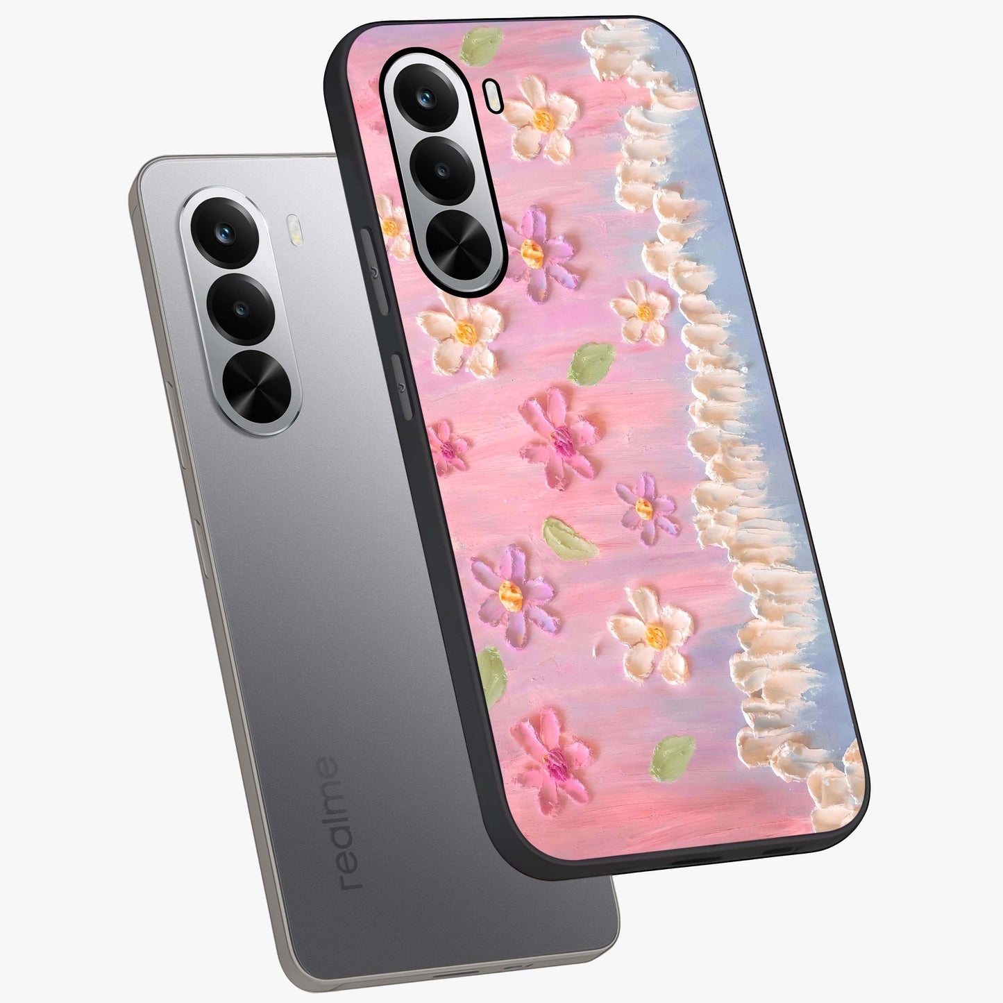 Dreamy Painted Garden Glass Case displayed in angled mockup highlighting colorful garden illustration with dreamy aesthetic style.