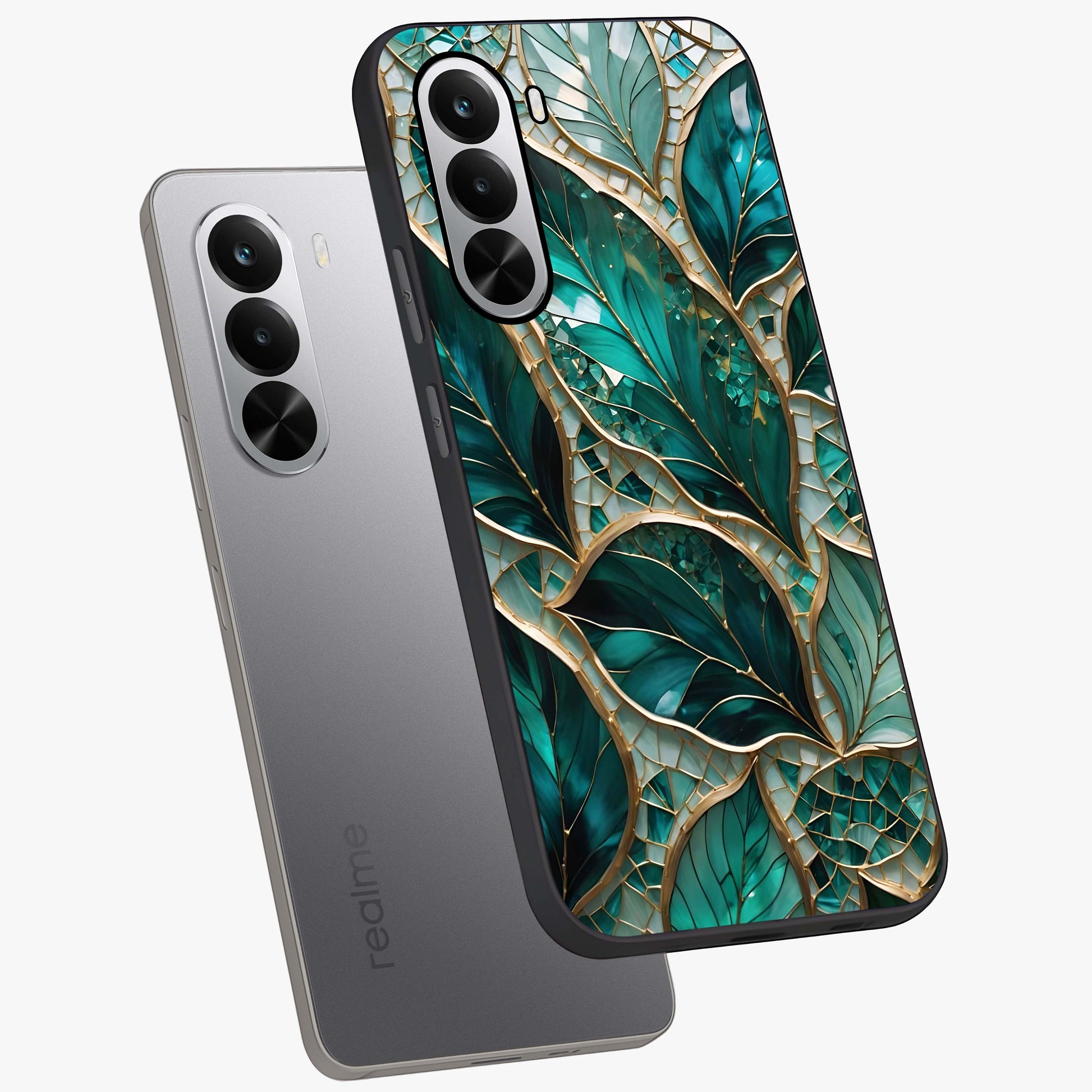 Emerald Leaf Glass Glass Case displayed in angled mockup highlighting botanical leaf illustration with elegant natural aesthetic.