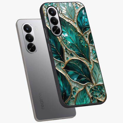 Emerald Leaf Glass Glass Case displayed in angled mockup highlighting botanical leaf illustration with elegant natural aesthetic.