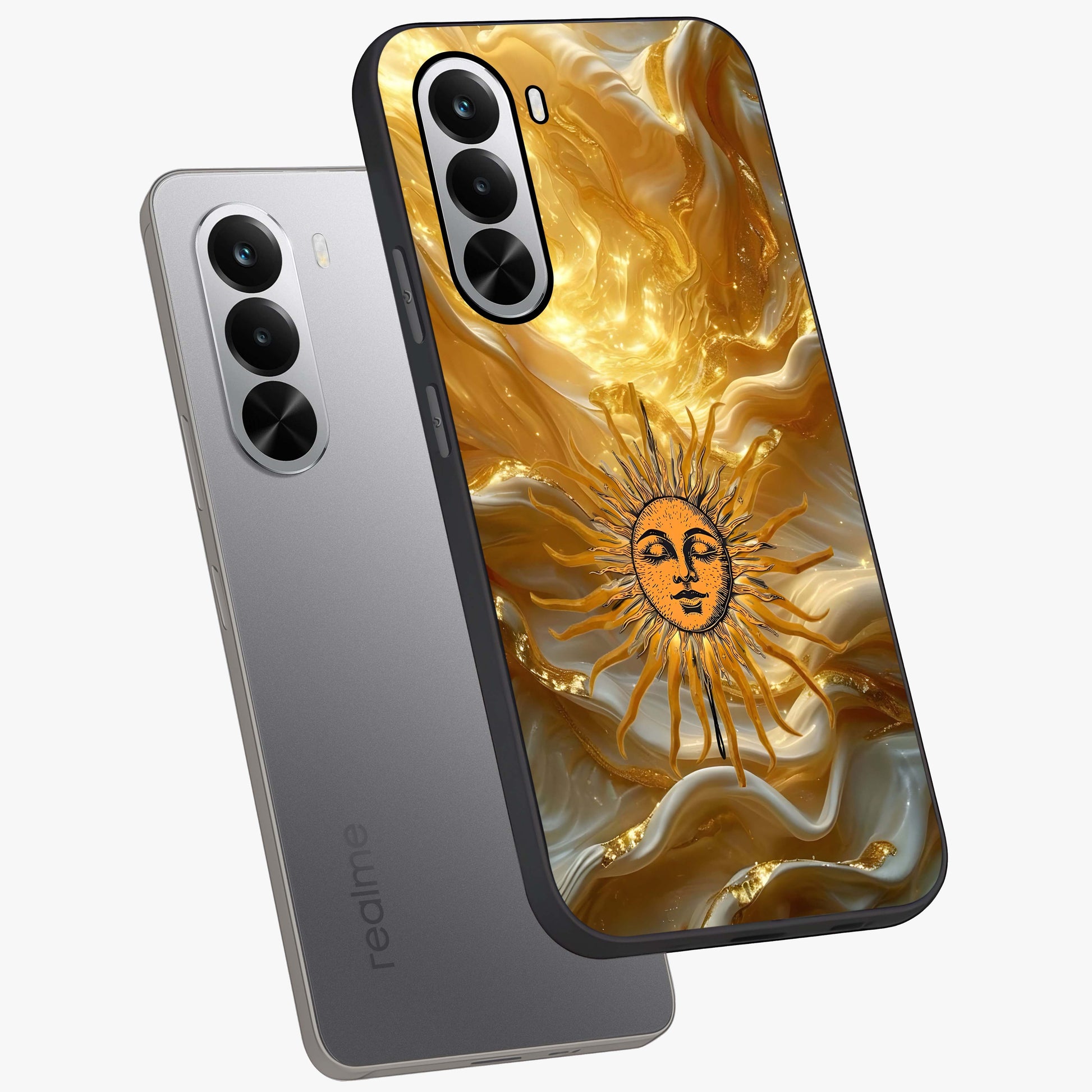 Eternal Golden Glow Glass Case displayed in angled mockup highlighting glowing golden aesthetic design with elegant style.