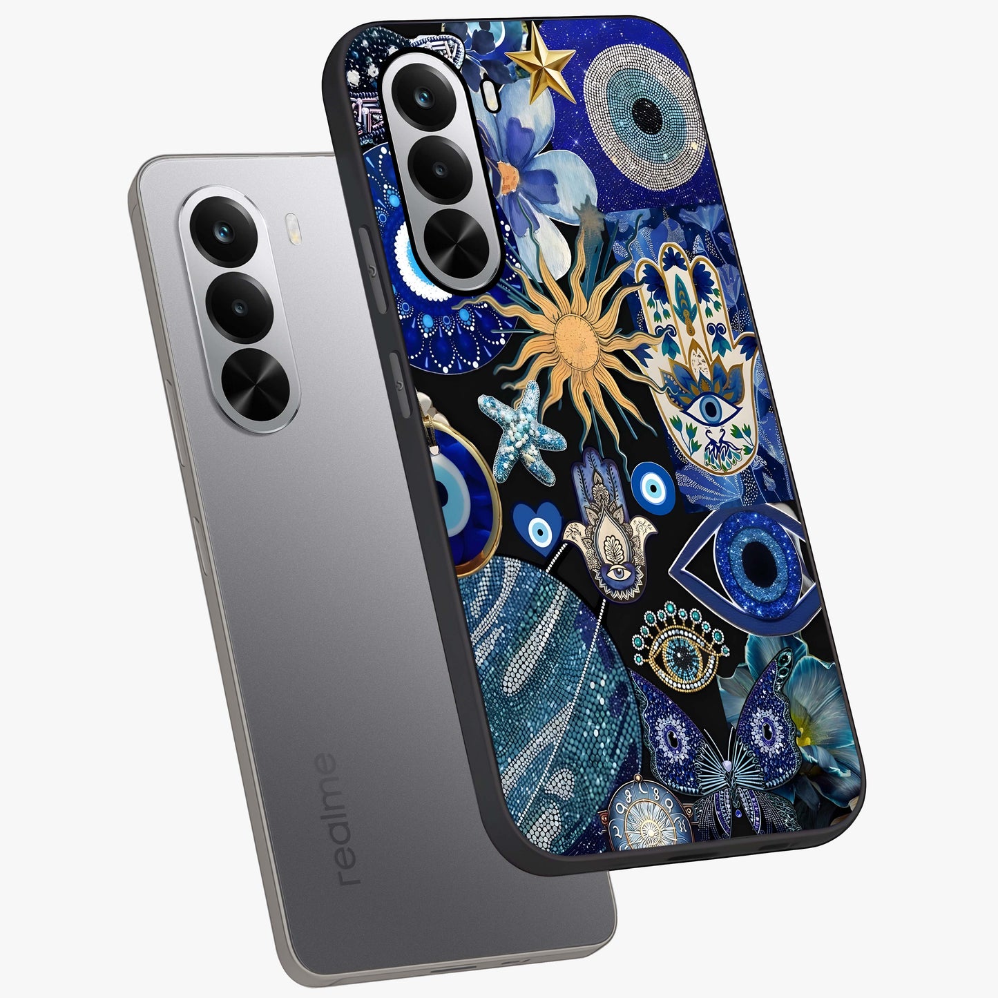 Evil Eye Charm Mix Glass Case displayed in angled mockup highlighting protective evil eye symbols with spiritual aesthetic design.