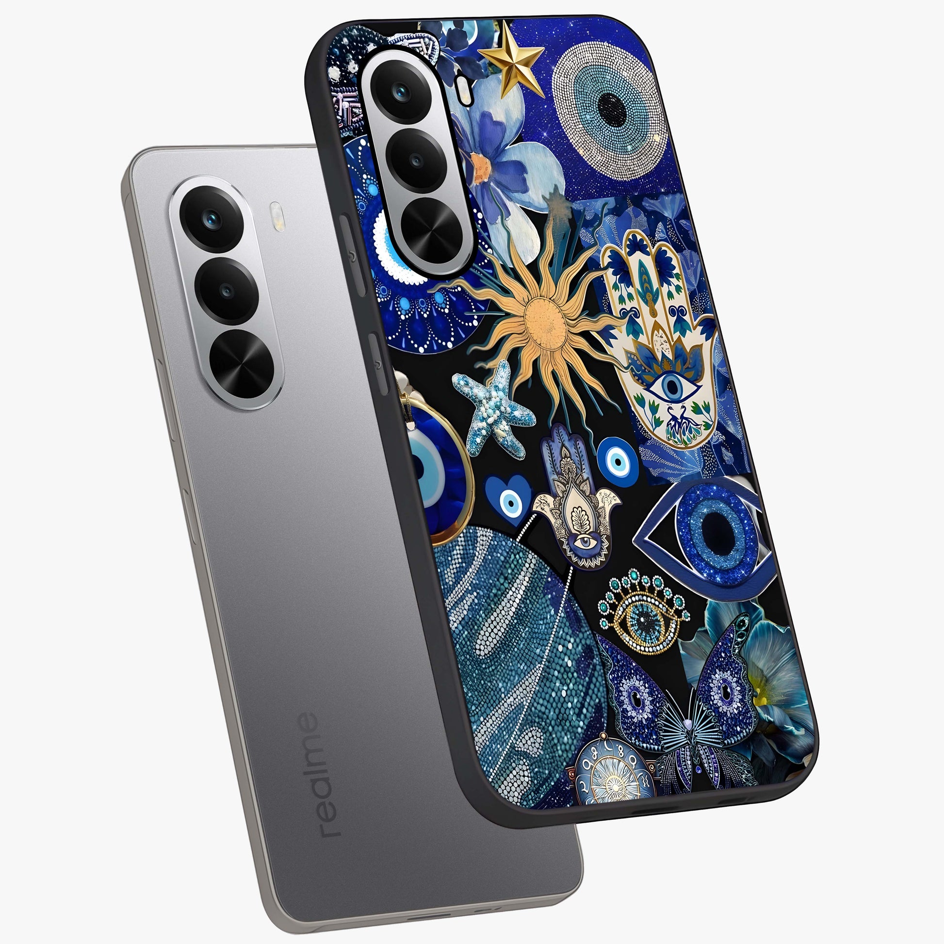 Evil Eye Charm Mix Glass Case displayed in angled mockup highlighting protective evil eye symbols with spiritual aesthetic design.