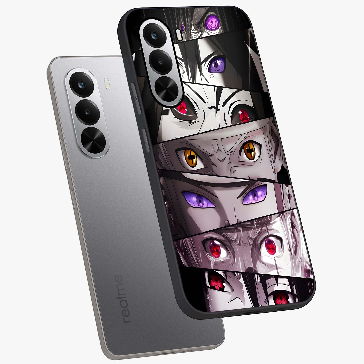 Eyes of Destiny Glass Case displayed in angled mockup highlighting bold eye illustration with mystical aesthetic style.