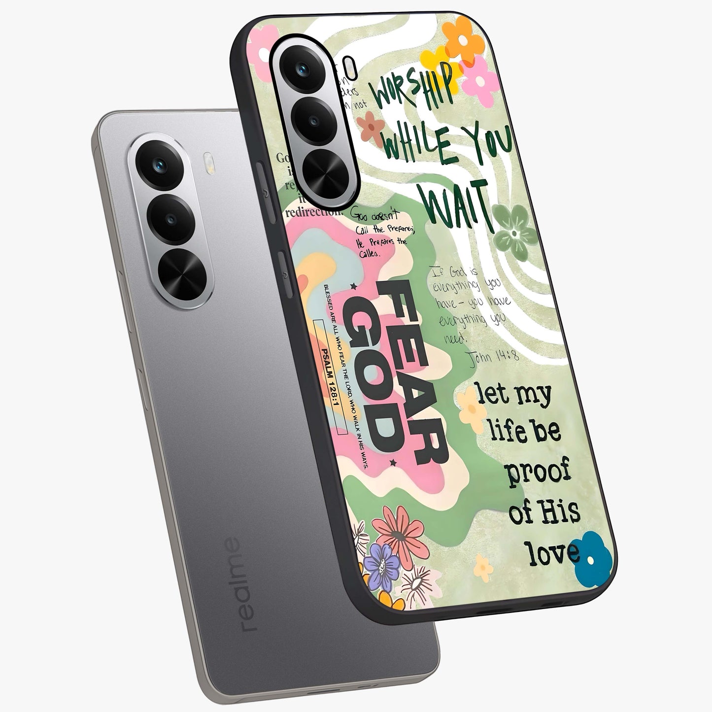 Faith Over Fear Glass Case displayed in angled mockup highlighting inspirational message design with modern aesthetic style.