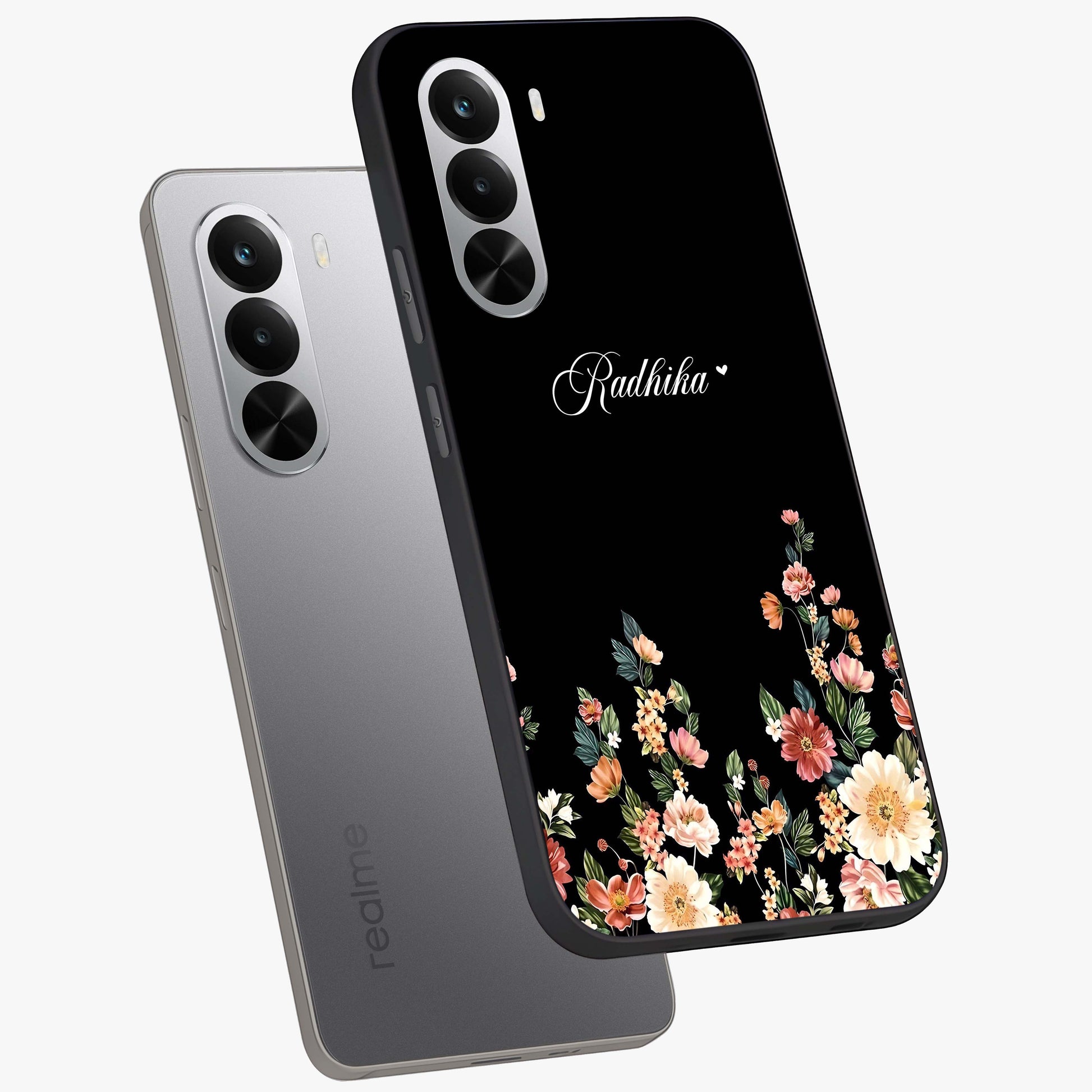 Floral Design With a Custom Personalized Name Glass Case displayed in angled mockup highlighting elegant floral pattern with custom name feature.