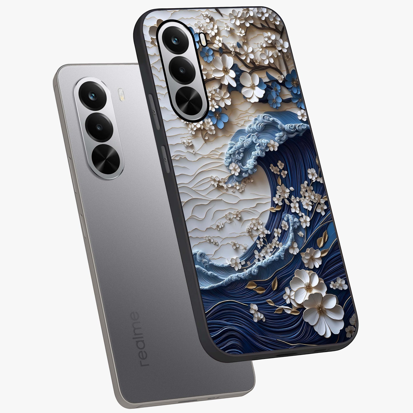 Floral Wave Origami Glass Case displayed in angled mockup highlighting geometric origami flower design with modern aesthetic style.