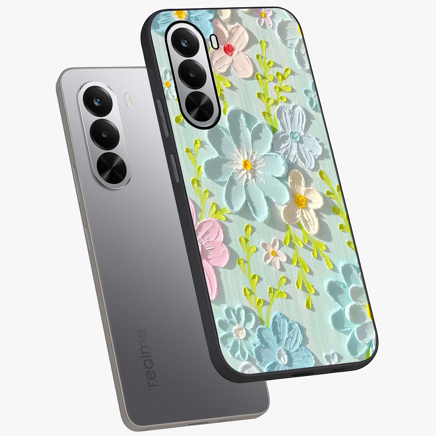 Frosted Petal Garden Glass Case displayed in angled mockup highlighting delicate flower petal design with calm garden aesthetic.