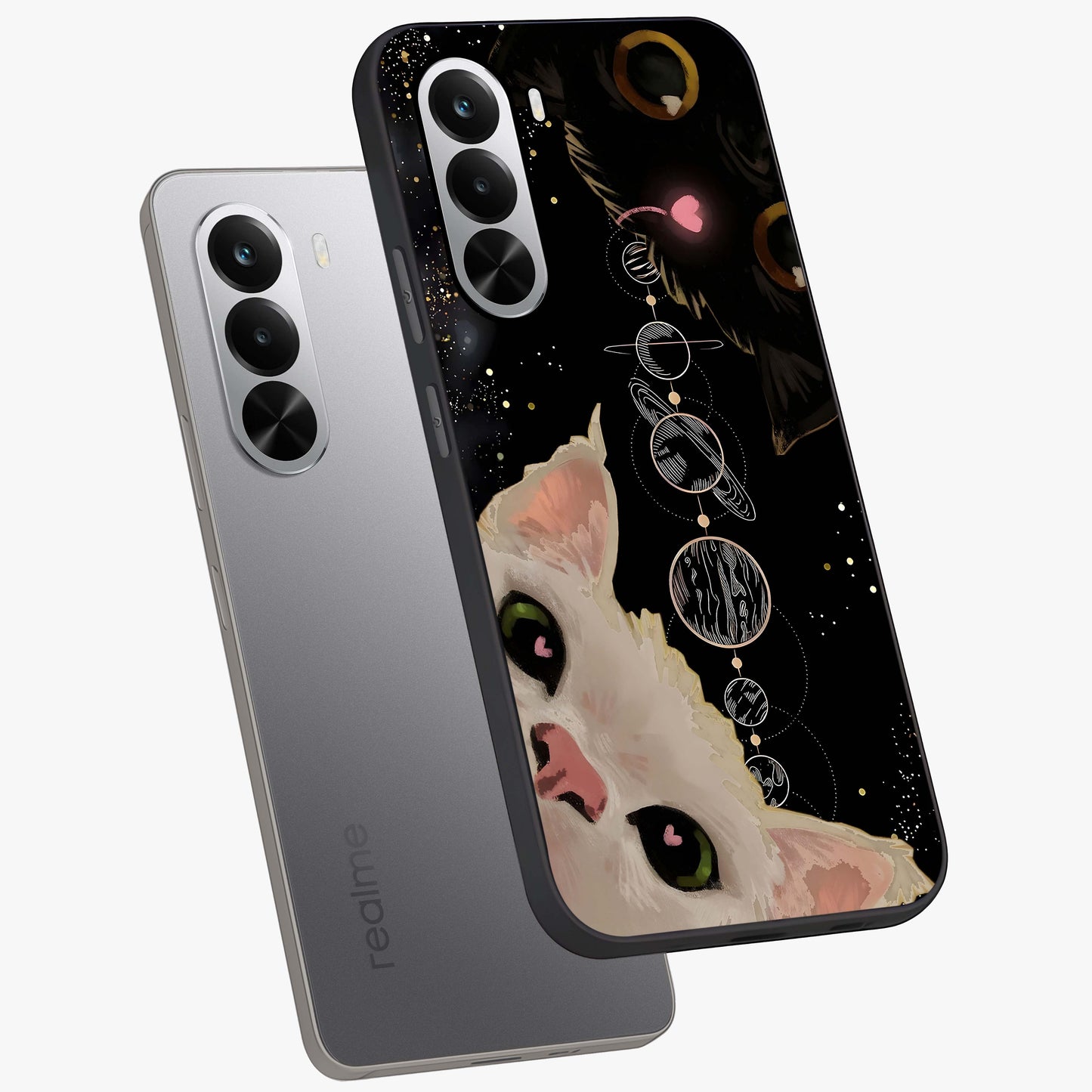 Galactic Cat Glass Case displayed in angled mockup highlighting celestial feline illustration with galaxy aesthetic style.