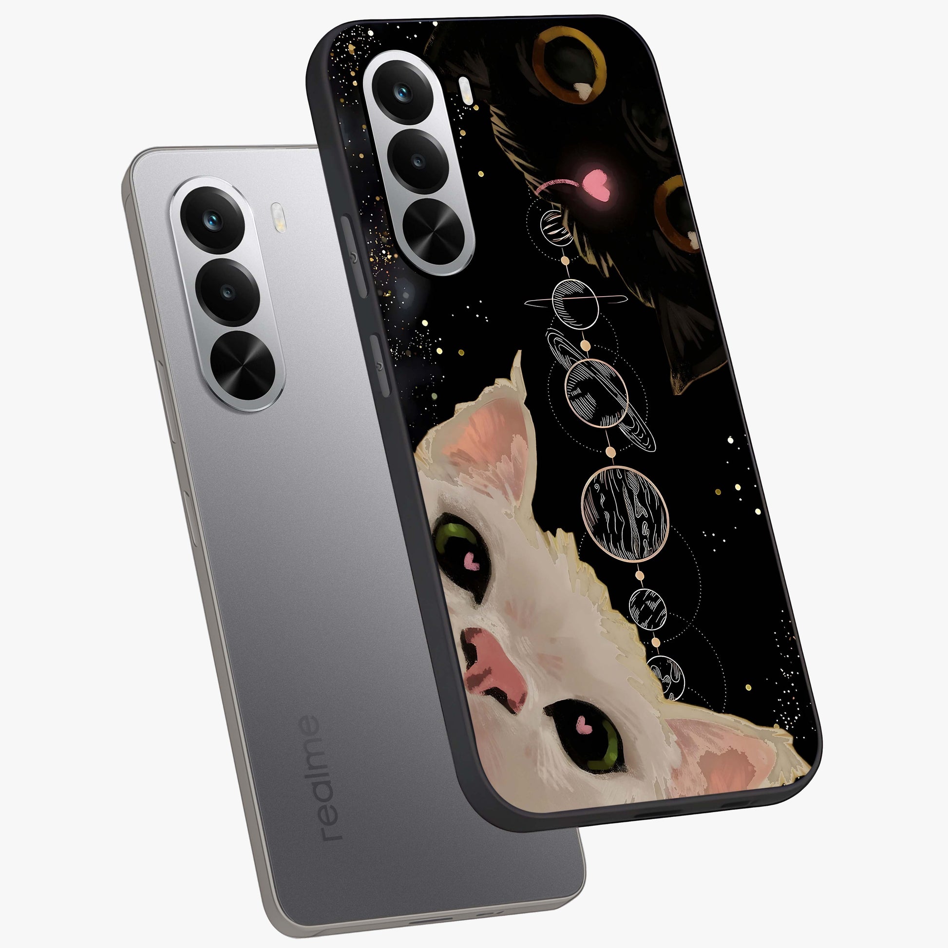 Galactic Cat Glass Case displayed in angled mockup highlighting celestial feline illustration with galaxy aesthetic style.