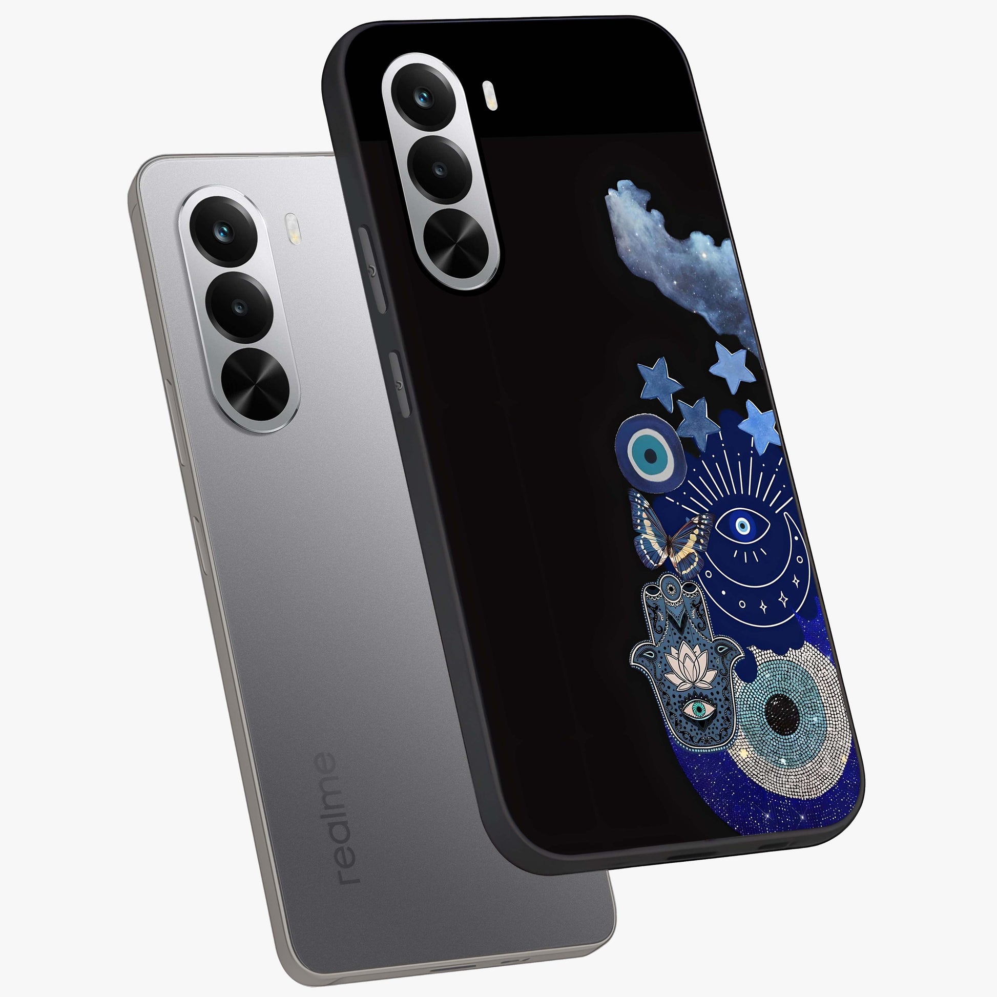 Galactic Charm Cluster Glass Case displayed in angled mockup highlighting luminous galaxy inspired design with dreamy aesthetic.