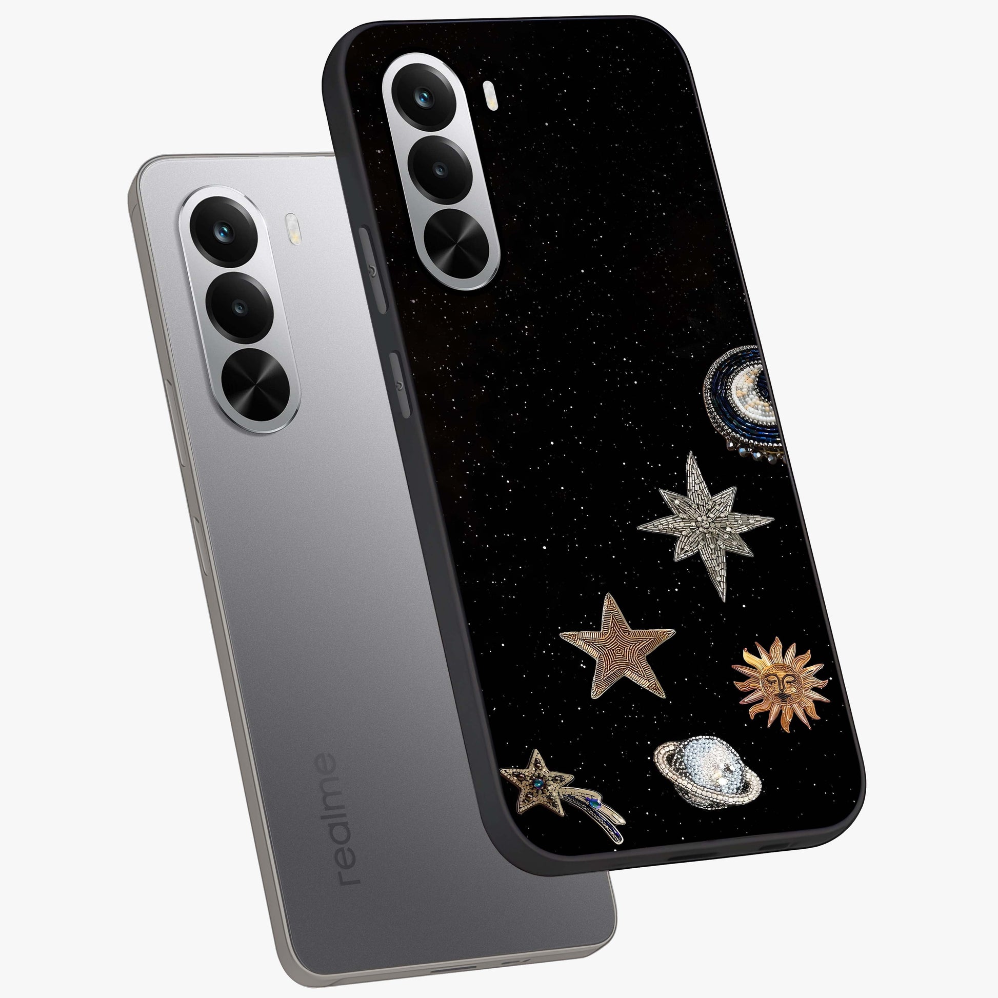 Galactic Charm Glow Glass Case displayed in angled mockup highlighting luminous galaxy inspired design with dreamy aesthetic.