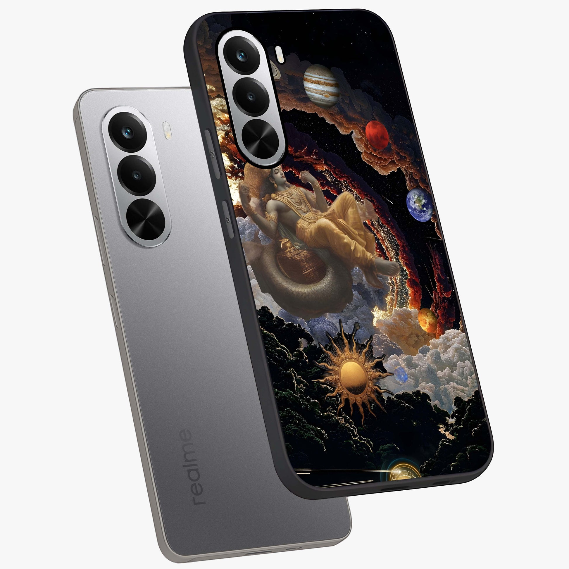 Galactic Divine God Glass Case displayed in angled mockup highlighting powerful celestial deity illustration with galactic aesthetic.